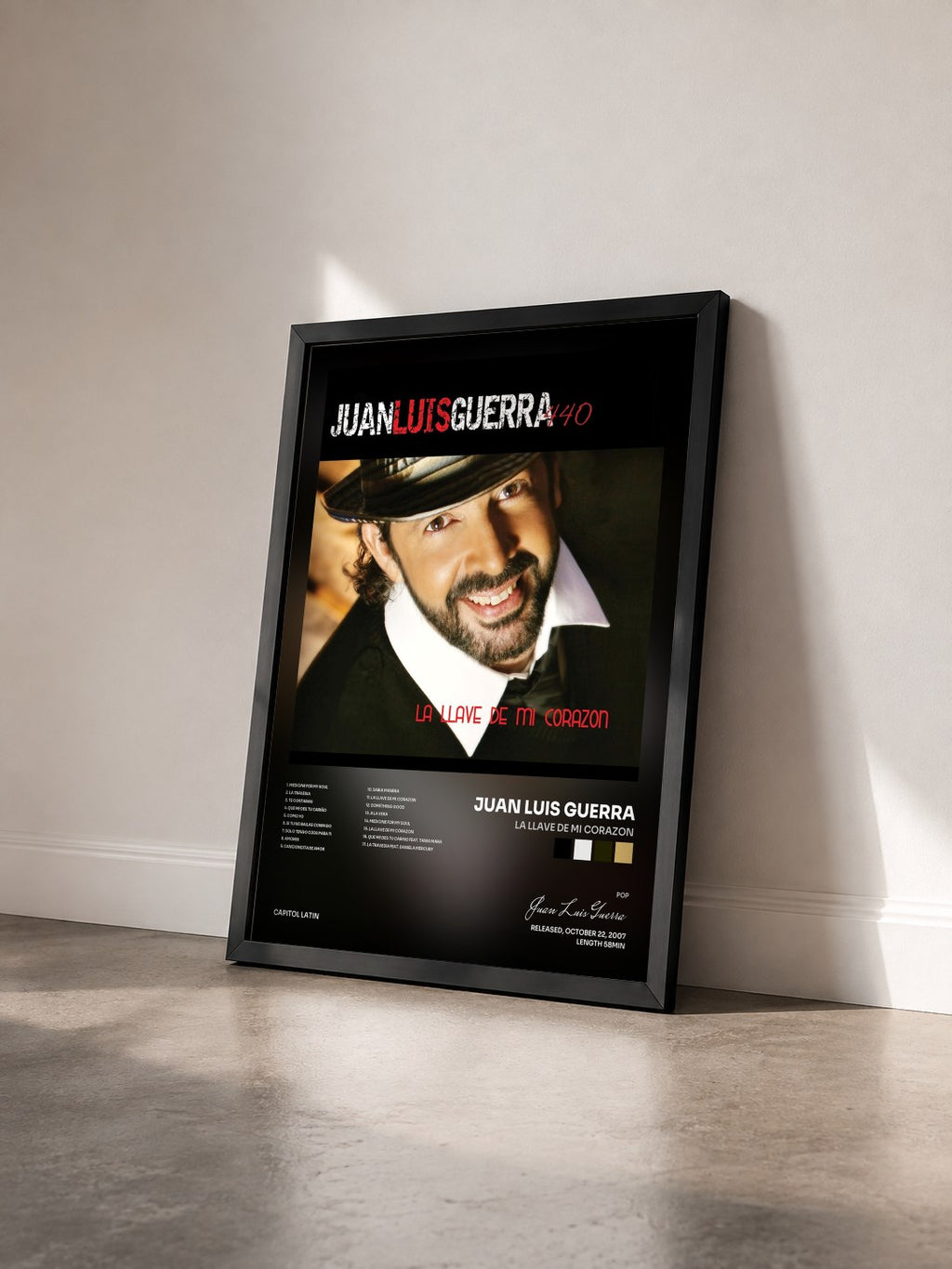 #noir Tableau de l'album La Llave De Mi Corazon de Juan Luis Guerra vu de trois quarts, cadre noir