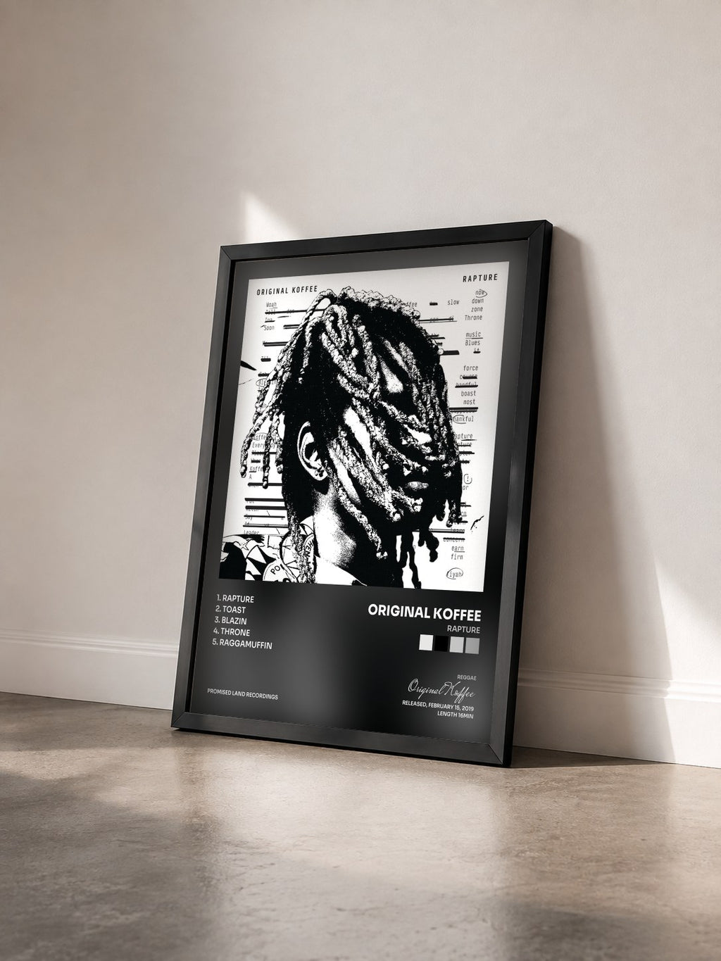 #noir Tableau de l'album Rapture de Original Koffee vu de trois quarts, cadre noir