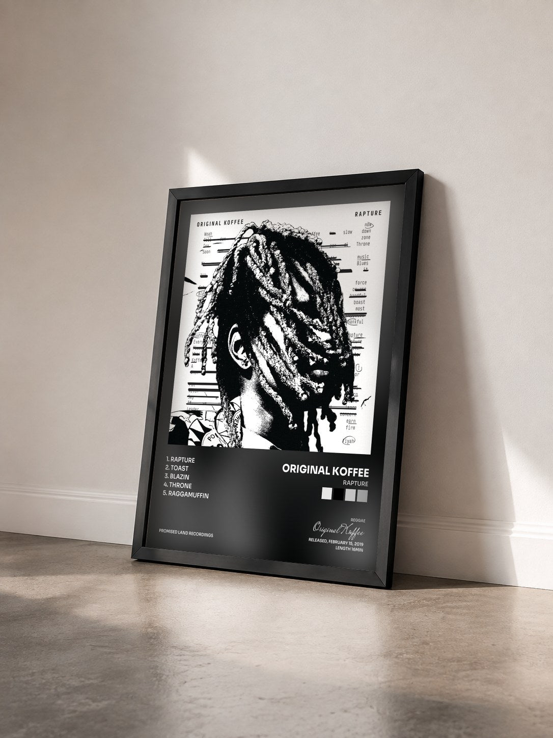 #noir Tableau de l'album Rapture de Original Koffee vu de trois quarts, cadre noir