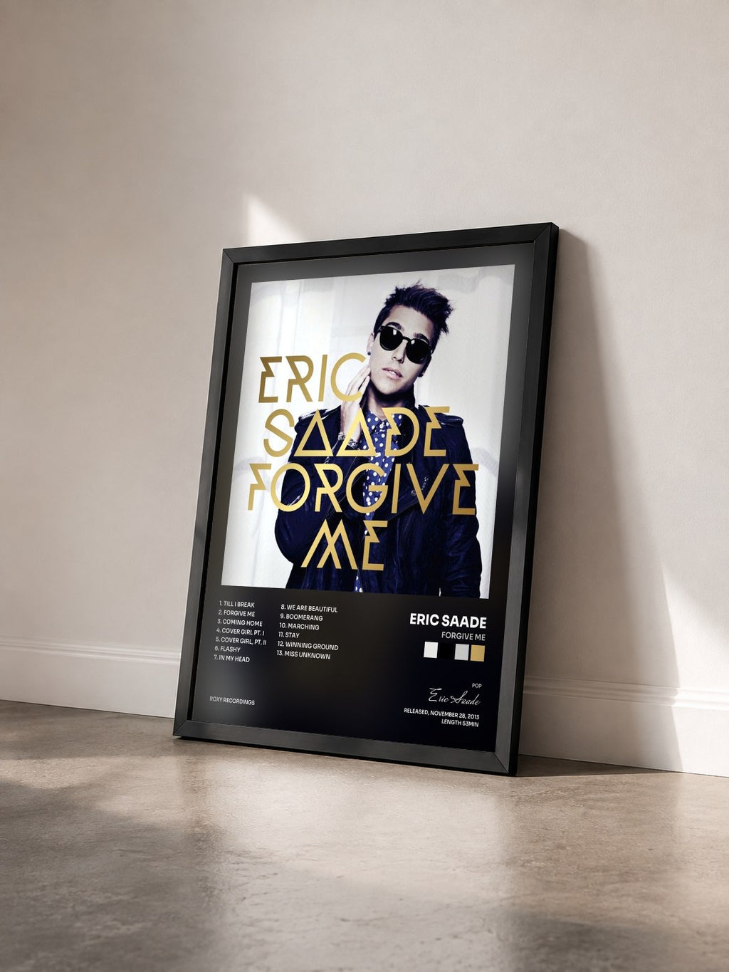 #noir Tableau de l'album Forgive Me de Eric Saade vu de trois quarts, cadre noir