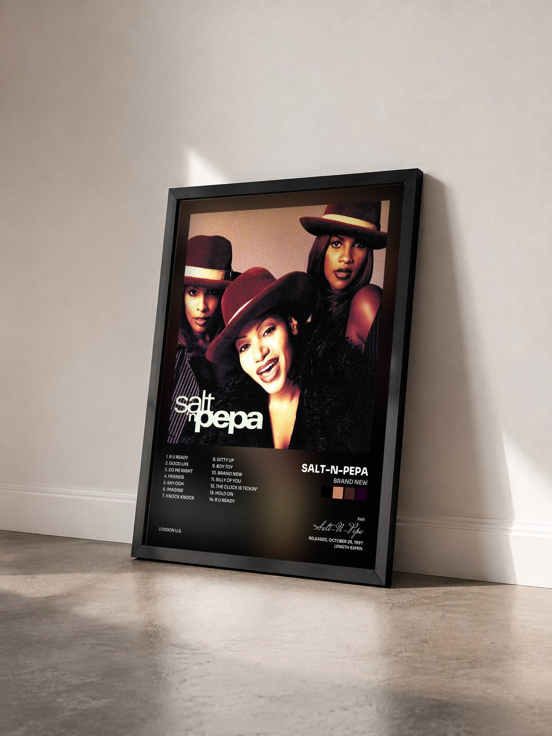 #noir Tableau de l'album Brand New de Salt-N-Pepa vu de trois quarts, cadre noir
