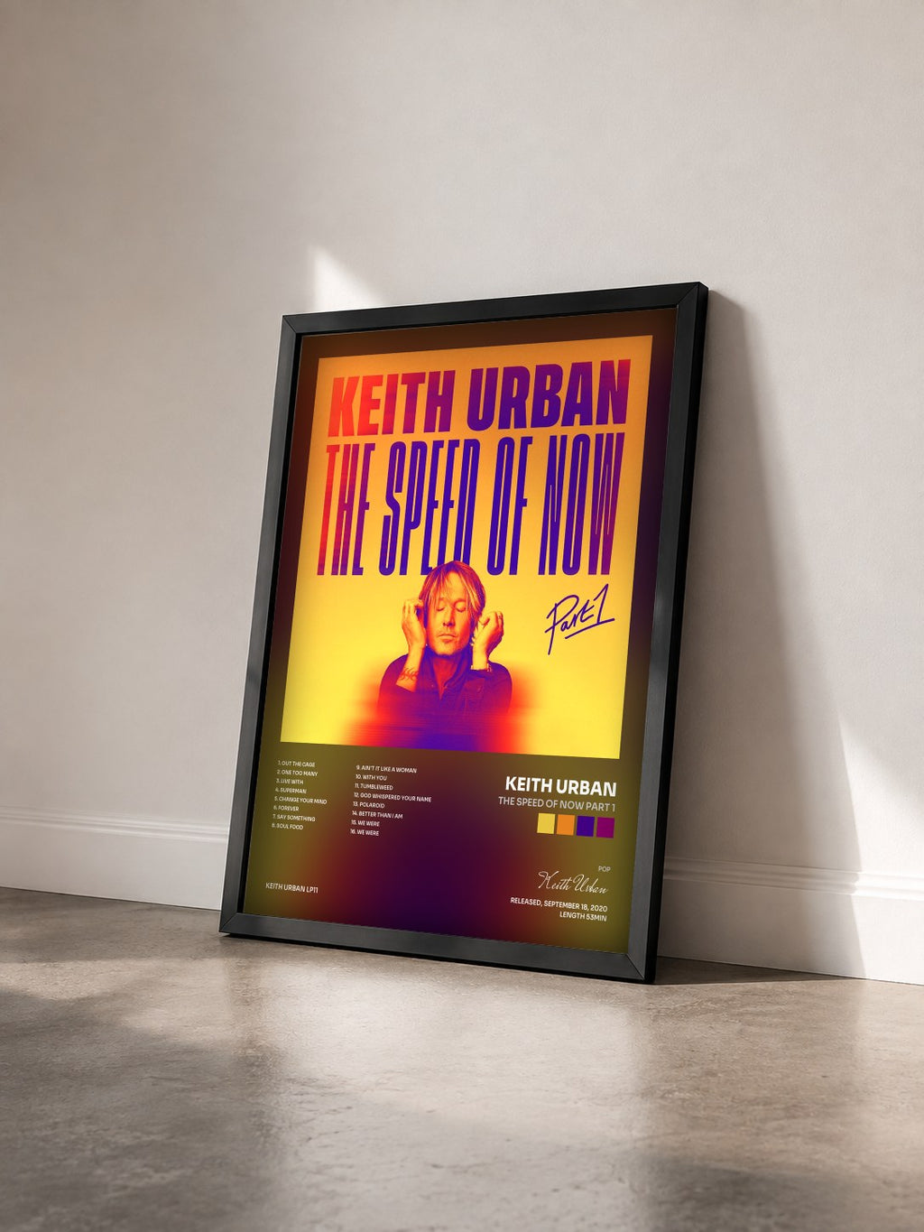 #noir Tableau de l'album THE SPEED OF NOW Part 1 de Keith Urban vu de trois quarts, cadre noir