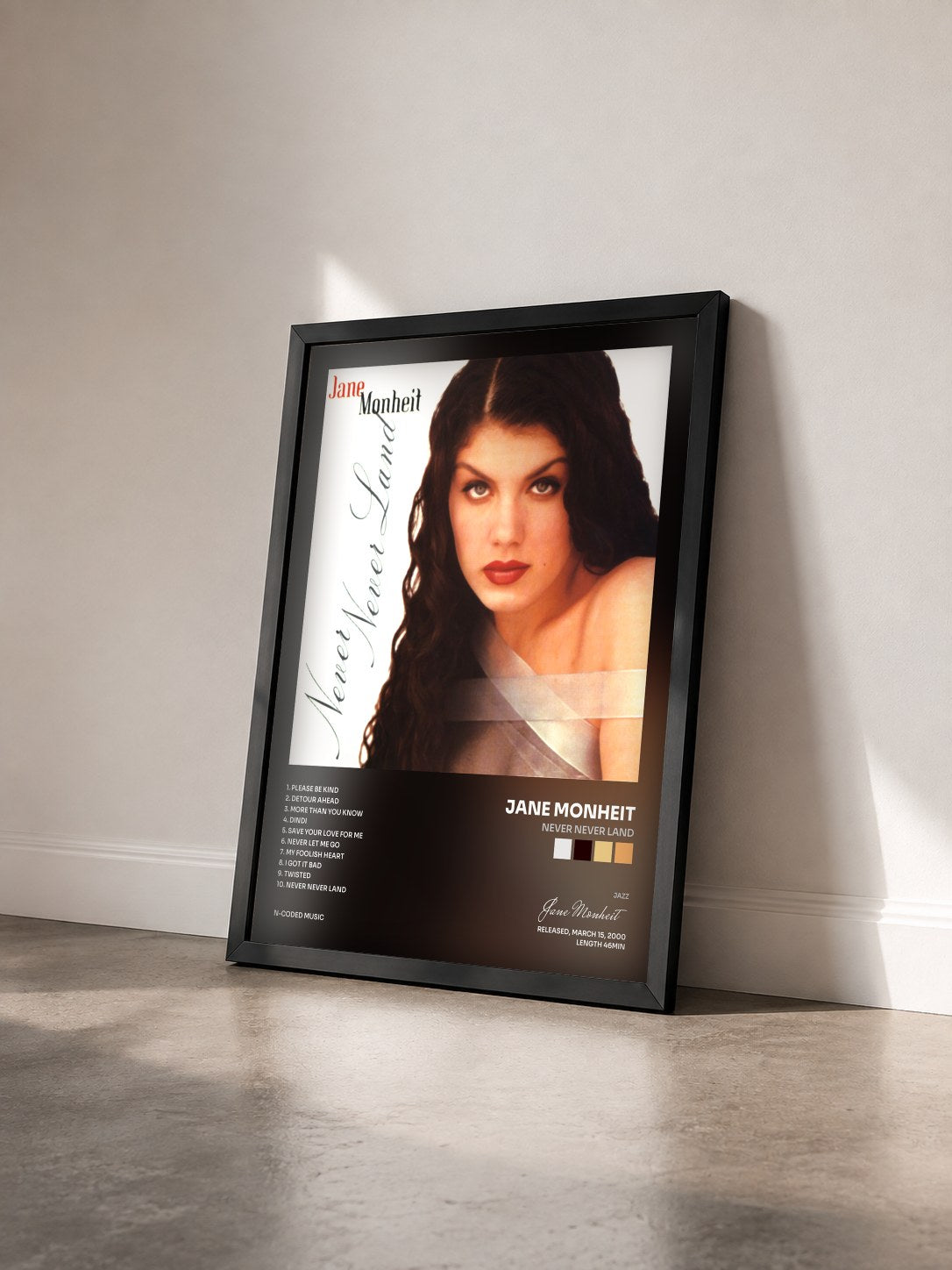 #noir Tableau de l'album Never Never Land de Jane Monheit vu de trois quarts, cadre noir