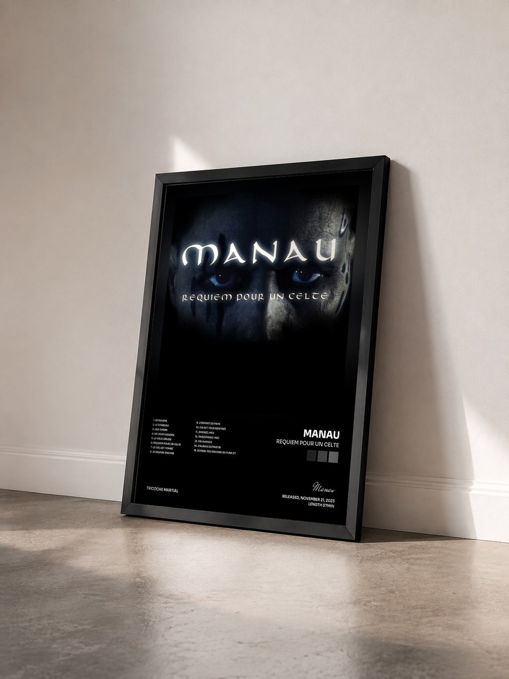 #noir Requiem pour un celte by Manau as a framed art print seen at an angle, black frame