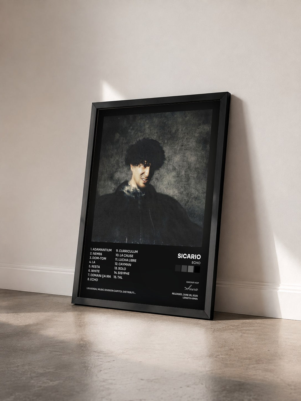 #noir Tableau de l'album ECHO de Sicario vu de trois quarts, cadre noir
