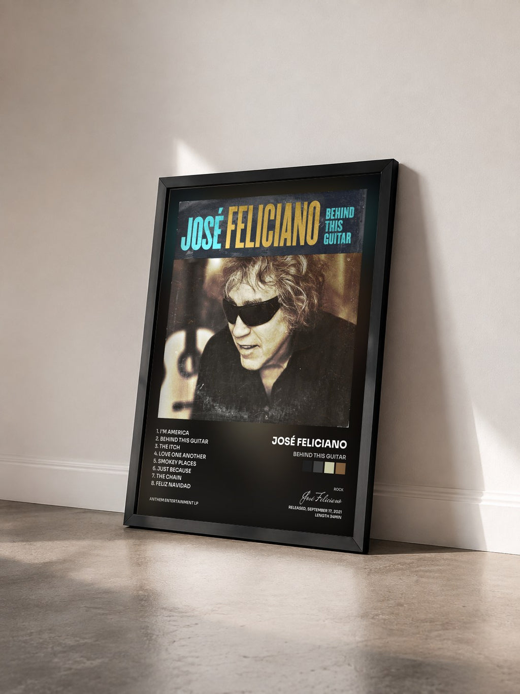 #noir Tableau de l'album Behind This Guitar de José Feliciano vu de trois quarts, cadre noir