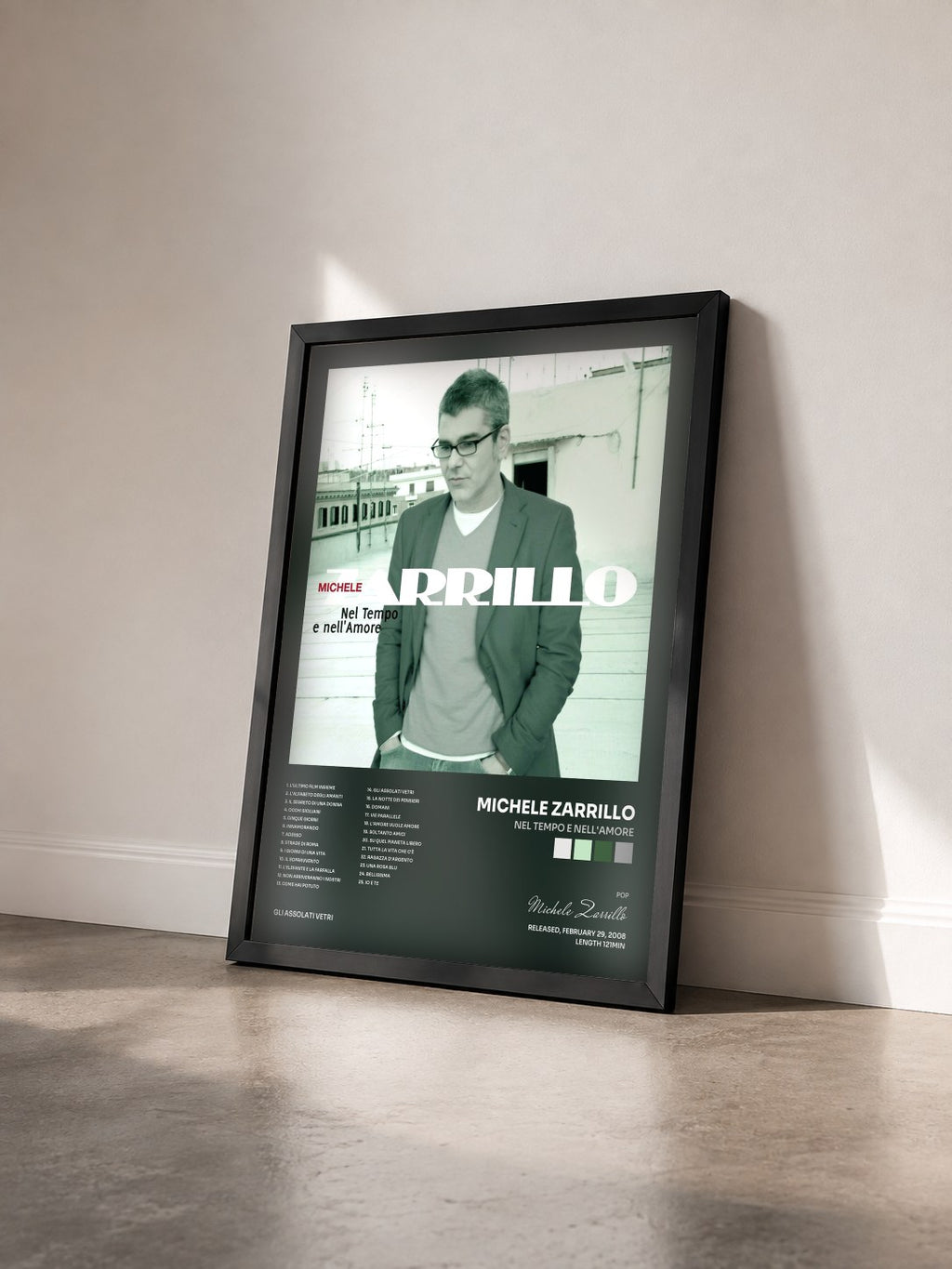 #noir Tableau de l'album Nel tempo e nell'amore de Michele Zarrillo vu de trois quarts, cadre noir