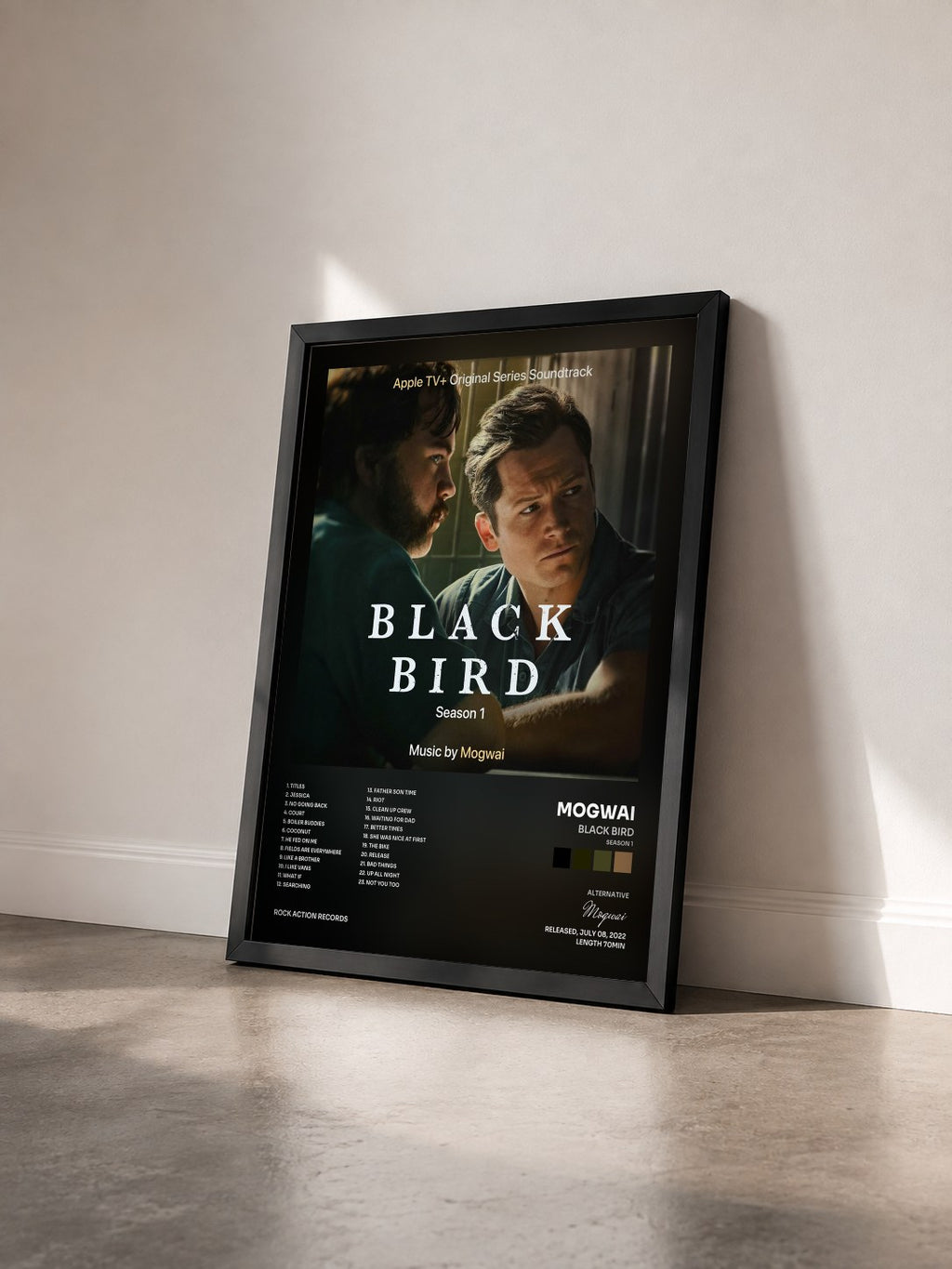 #noir Tableau de l'album Black Bird (Season 1) de Mogwai vu de trois quarts, cadre noir