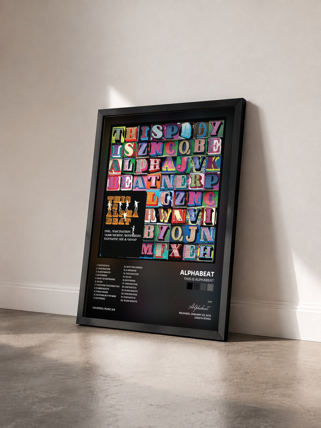 #noir Tableau de l'album This Is Alphabeat de Alphabeat vu de trois quarts, cadre noir