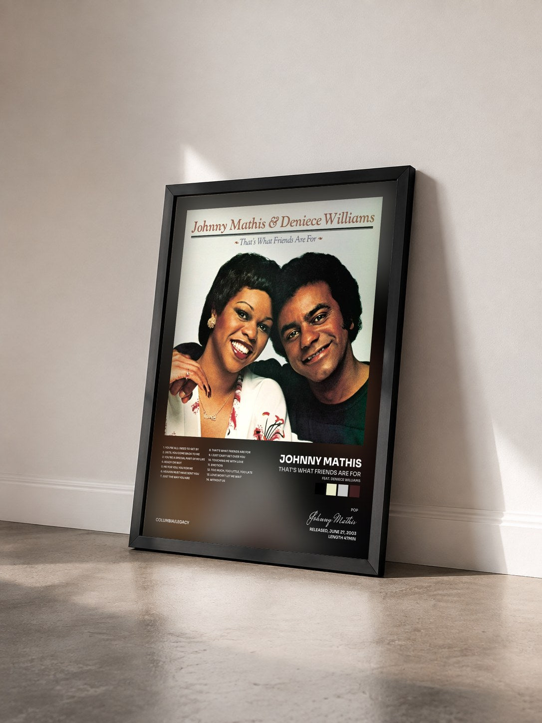 #noir Tableau de l'album That's What Friends Are For (feat. Deniece Williams) de Johnny Mathis vu de trois quarts, cadre noir