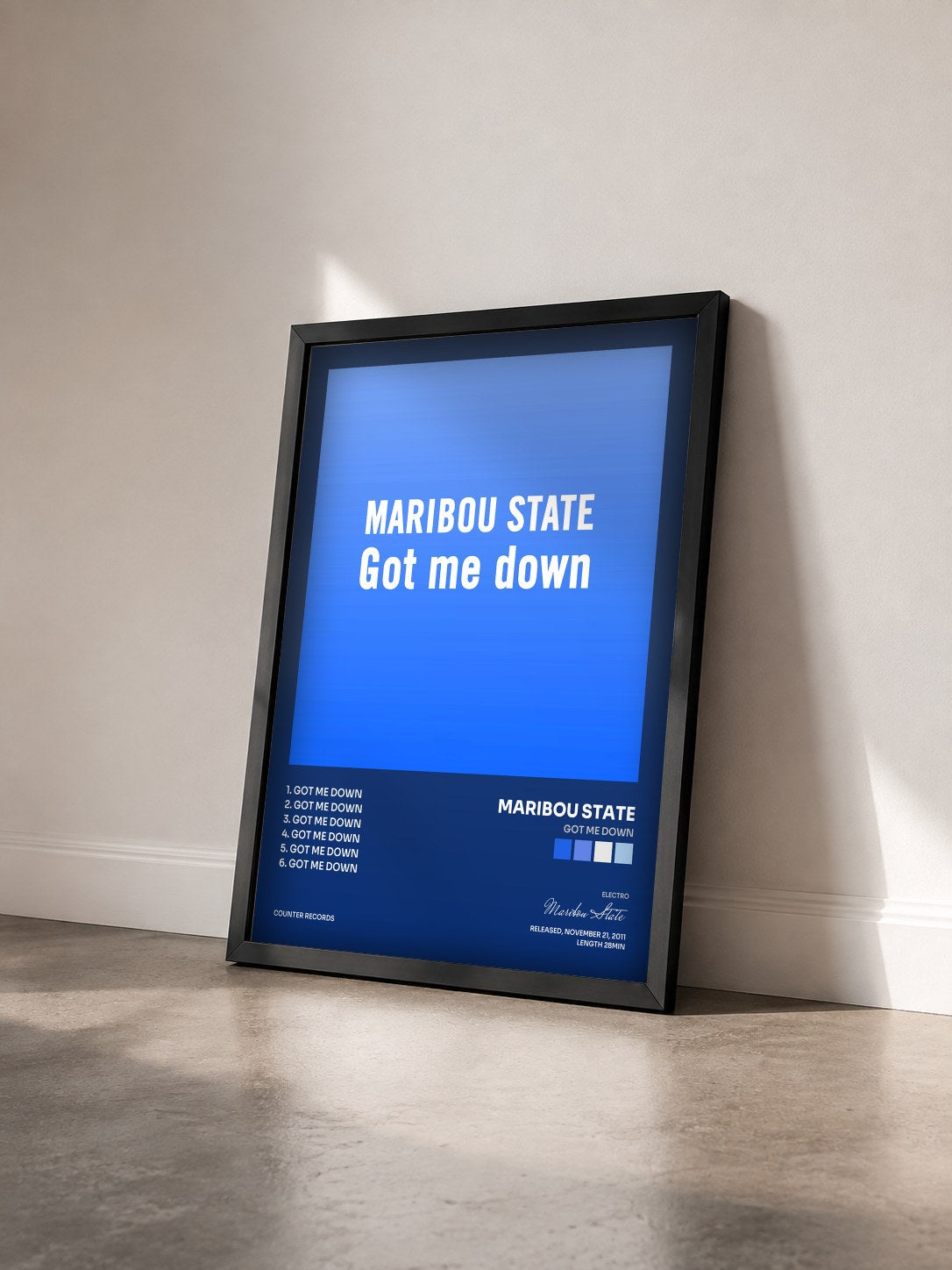 #noir Tableau de l'album Got Me Down de Maribou State vu de trois quarts, cadre noir