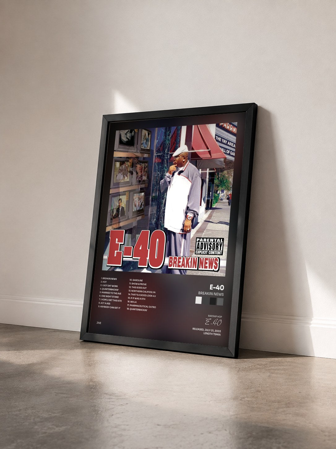 #noir Tableau de l'album Breakin News de E-40 vu de trois quarts, cadre noir