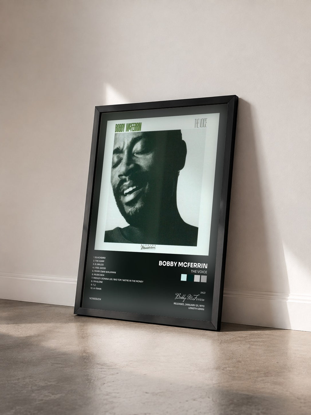 #noir Tableau de l'album The Voice de Bobby McFerrin vu de trois quarts, cadre noir
