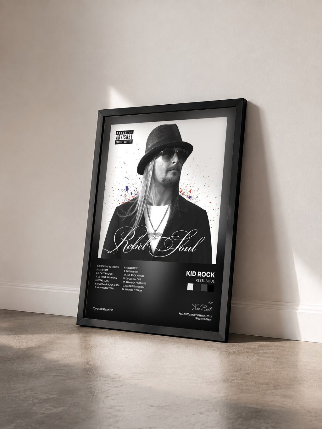 #noir Tableau de l'album Rebel Soul de Kid Rock vu de trois quarts, cadre noir