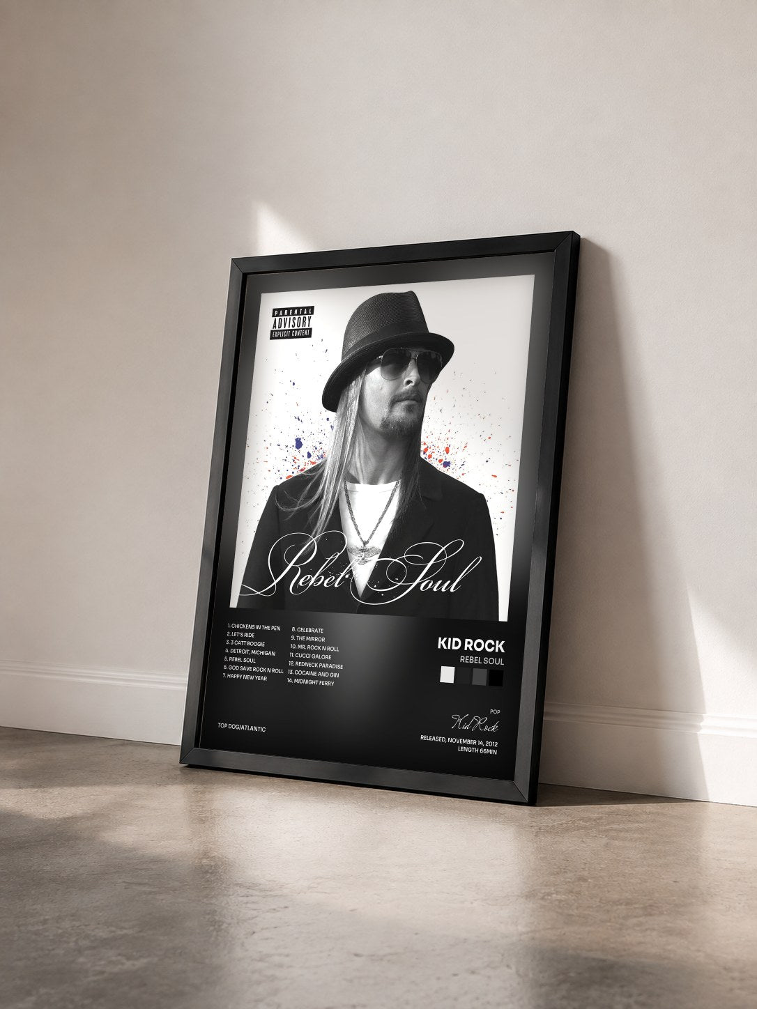 #noir Tableau de l'album Rebel Soul de Kid Rock vu de trois quarts, cadre noir