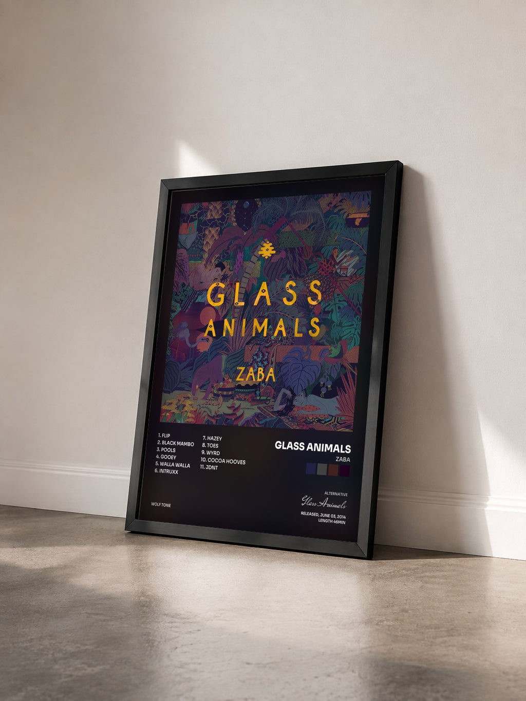 #noir Tableau de l'album ZABA de Glass Animals vu de trois quarts, cadre noir