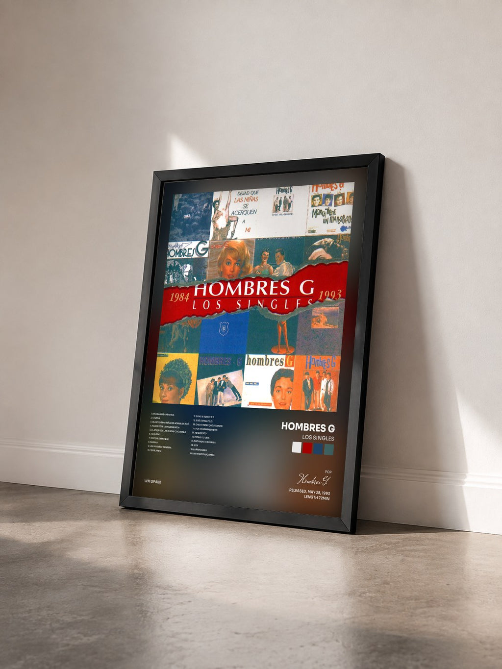 #noir Tableau de l'album Los Singles de Hombres G vu de trois quarts, cadre noir