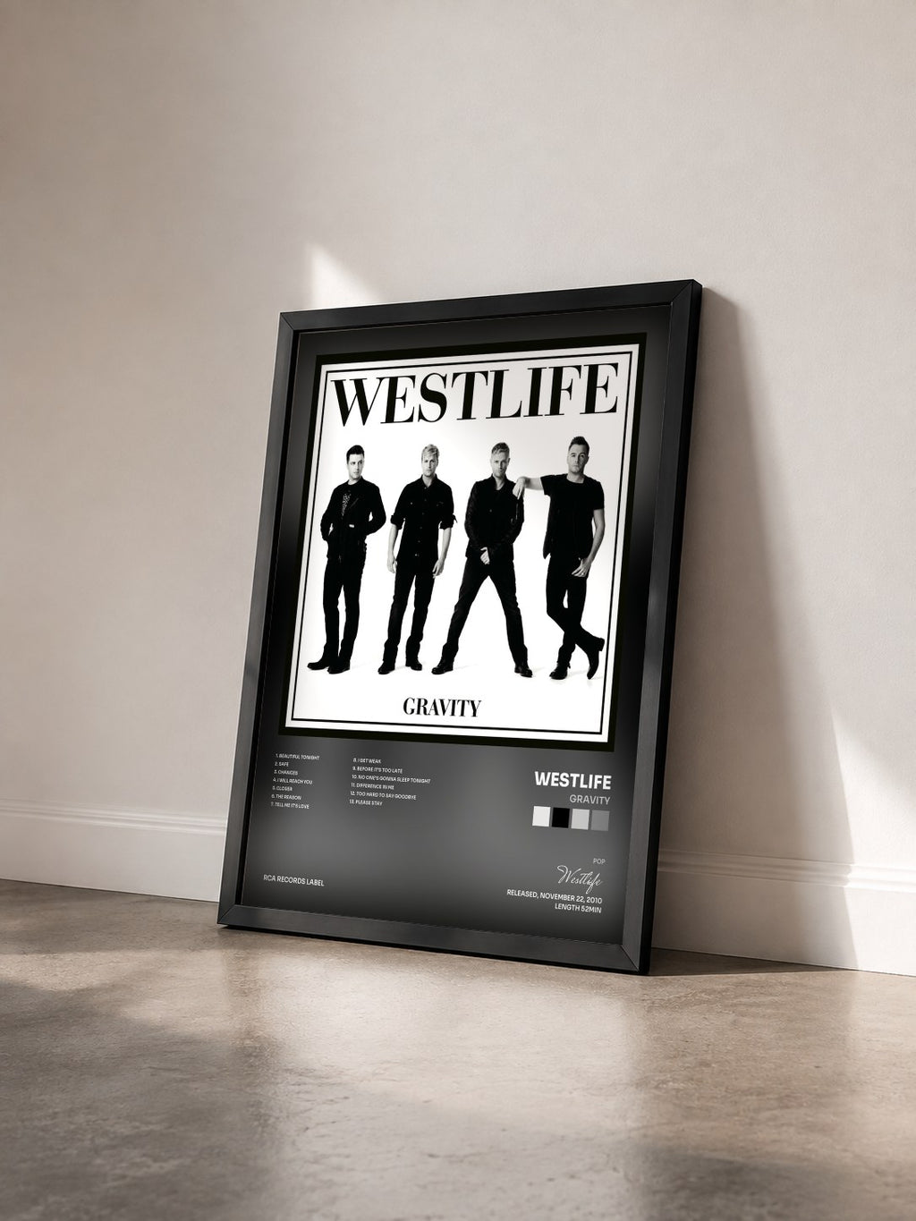 #noir Tableau de l'album Gravity de Westlife vu de trois quarts, cadre noir