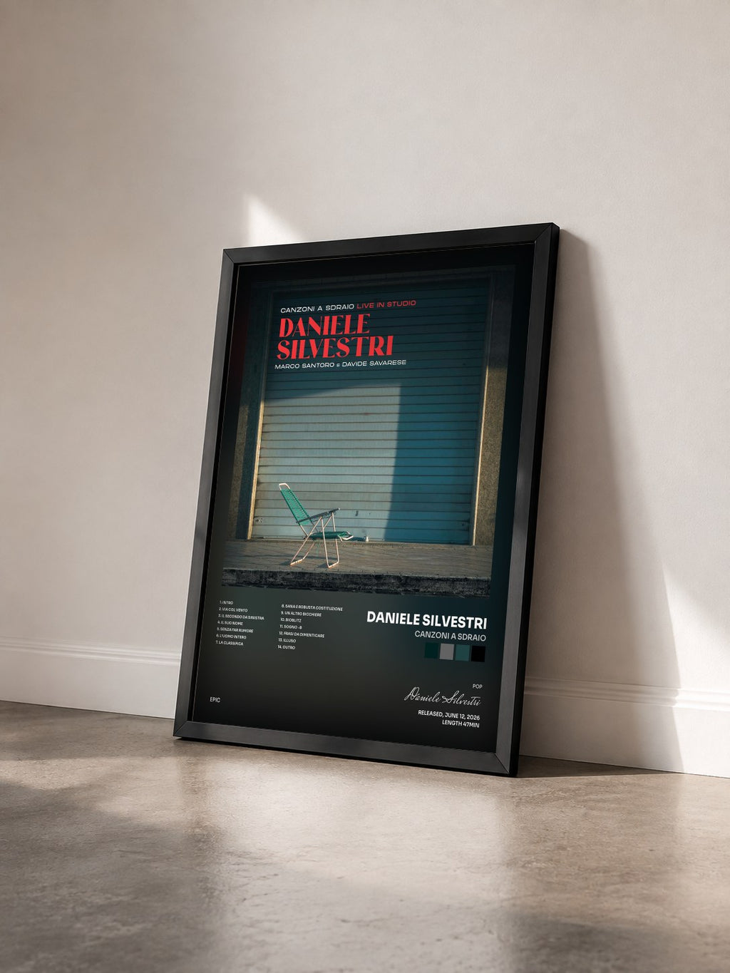 #noir Tableau de l'album Canzoni a sdraio de Daniele Silvestri vu de trois quarts, cadre noir