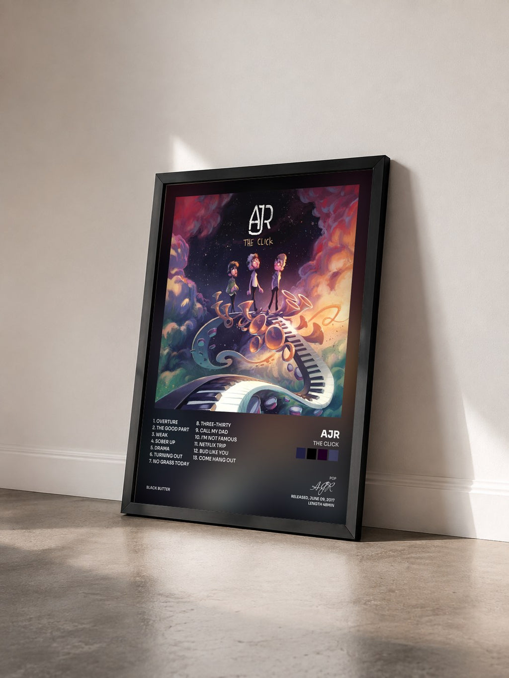 #noir Tableau de l'album The Click de AJR vu de trois quarts, cadre noir