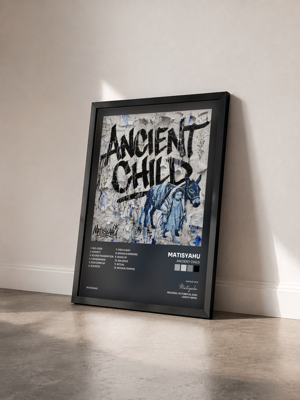 #noir Tableau de l'album Ancient Child de Matisyahu vu de trois quarts, cadre noir