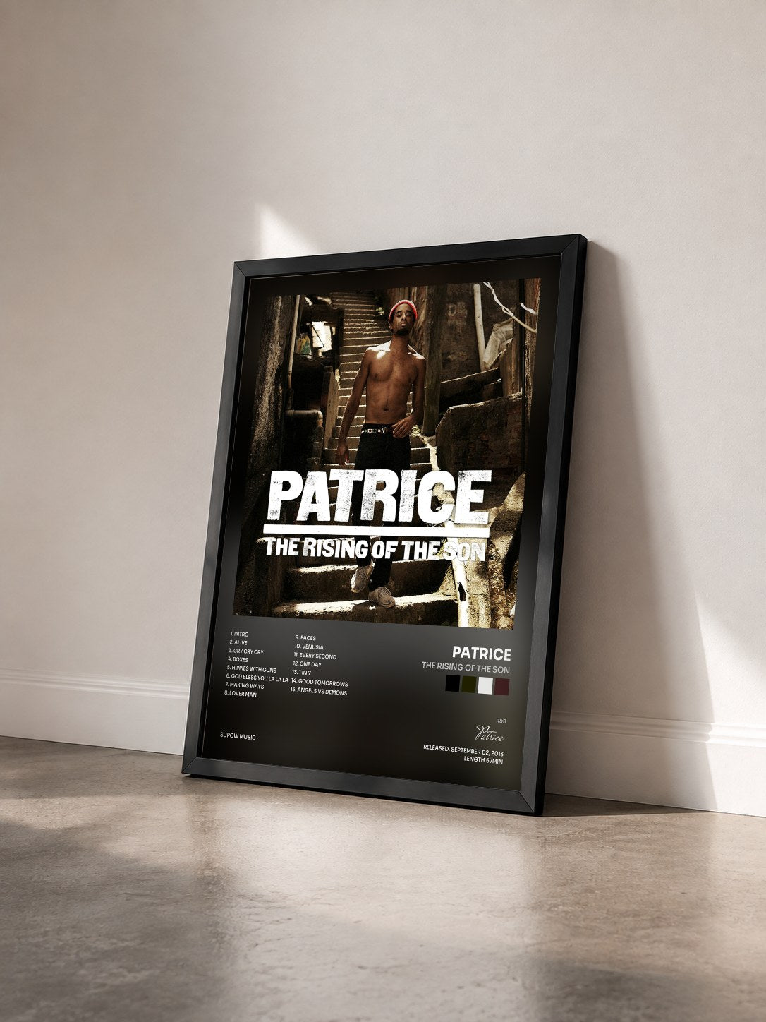 #noir Tableau de l'album The Rising of the Son de Patrice vu de trois quarts, cadre noir
