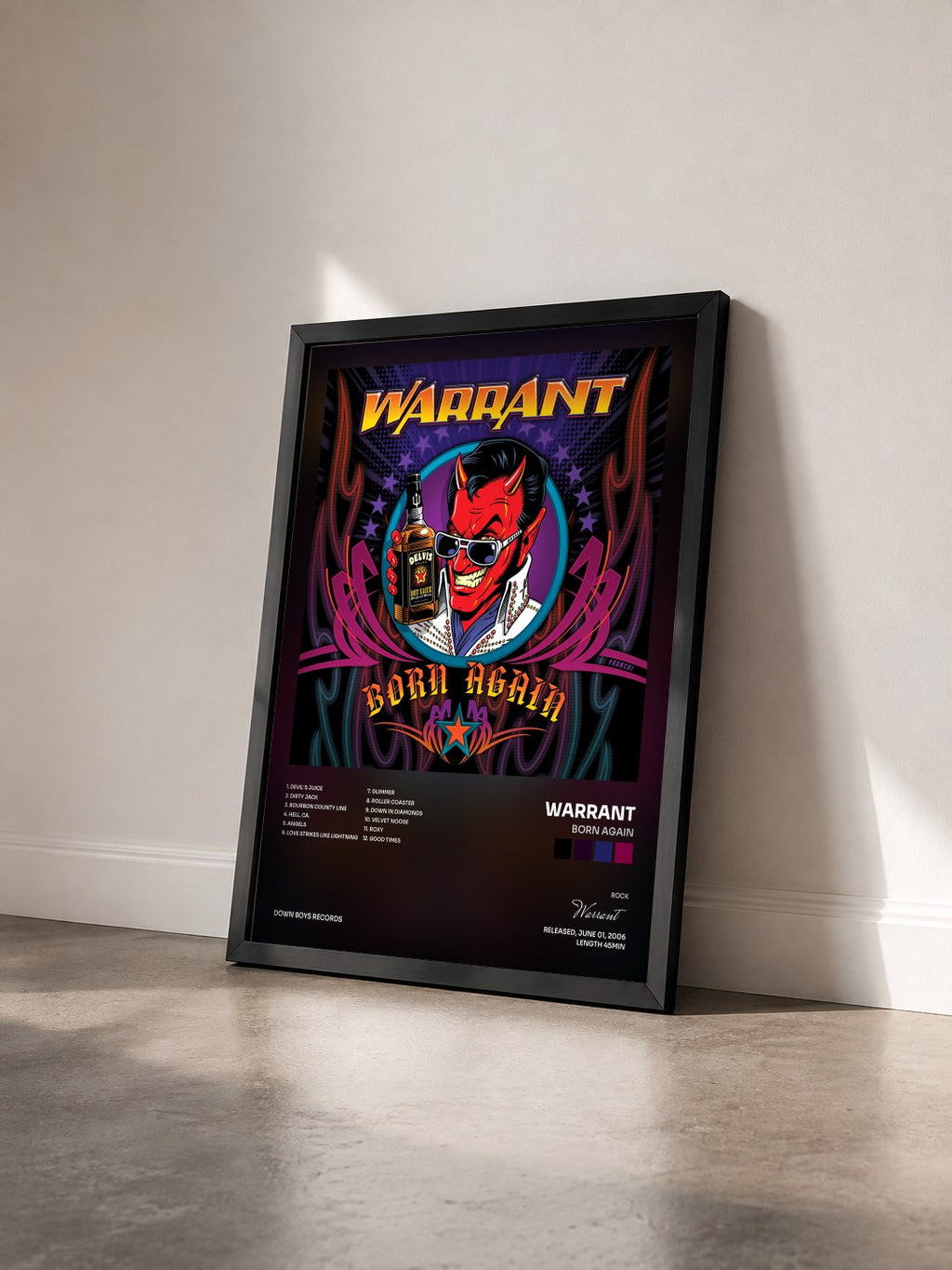 #noir Tableau de l'album Born Again de Warrant vu de trois quarts, cadre noir