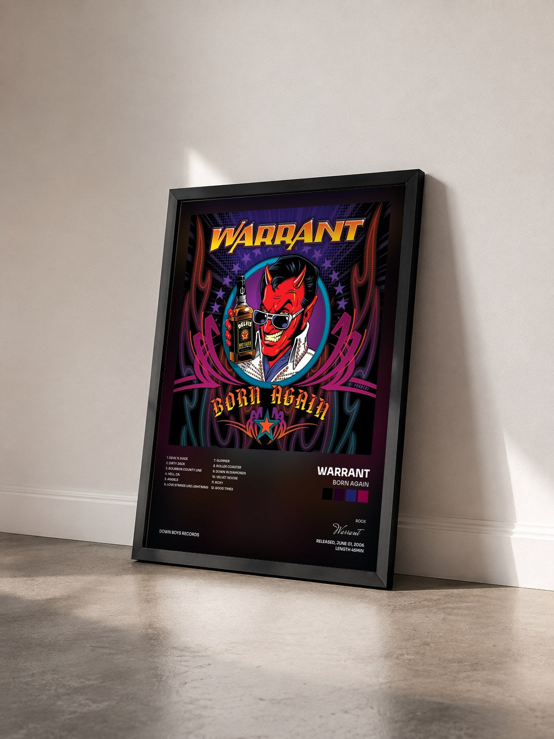 #noir Tableau de l'album Born Again de Warrant vu de trois quarts, cadre noir