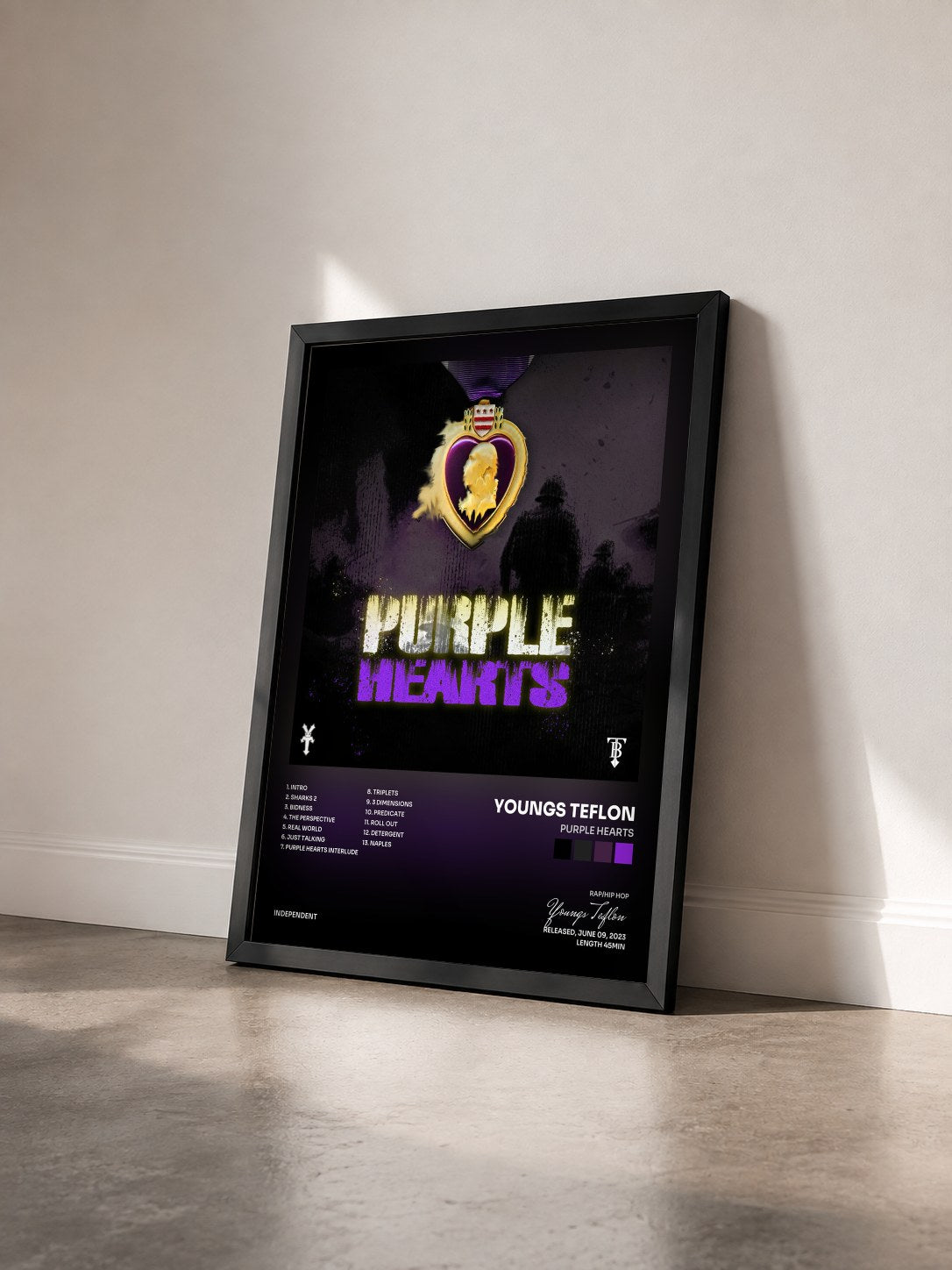 #noir Tableau de l'album Purple Hearts de Youngs Teflon vu de trois quarts, cadre noir