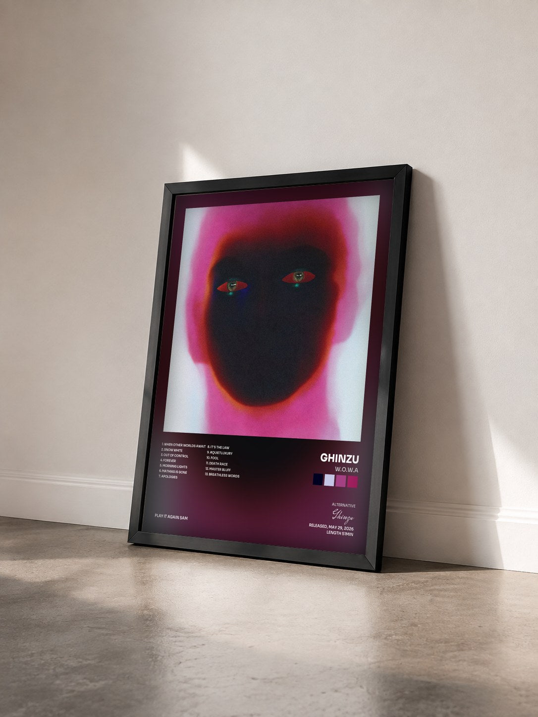 #noir Tableau de l'album W.O.W.A de Ghinzu vu de trois quarts, cadre noir
