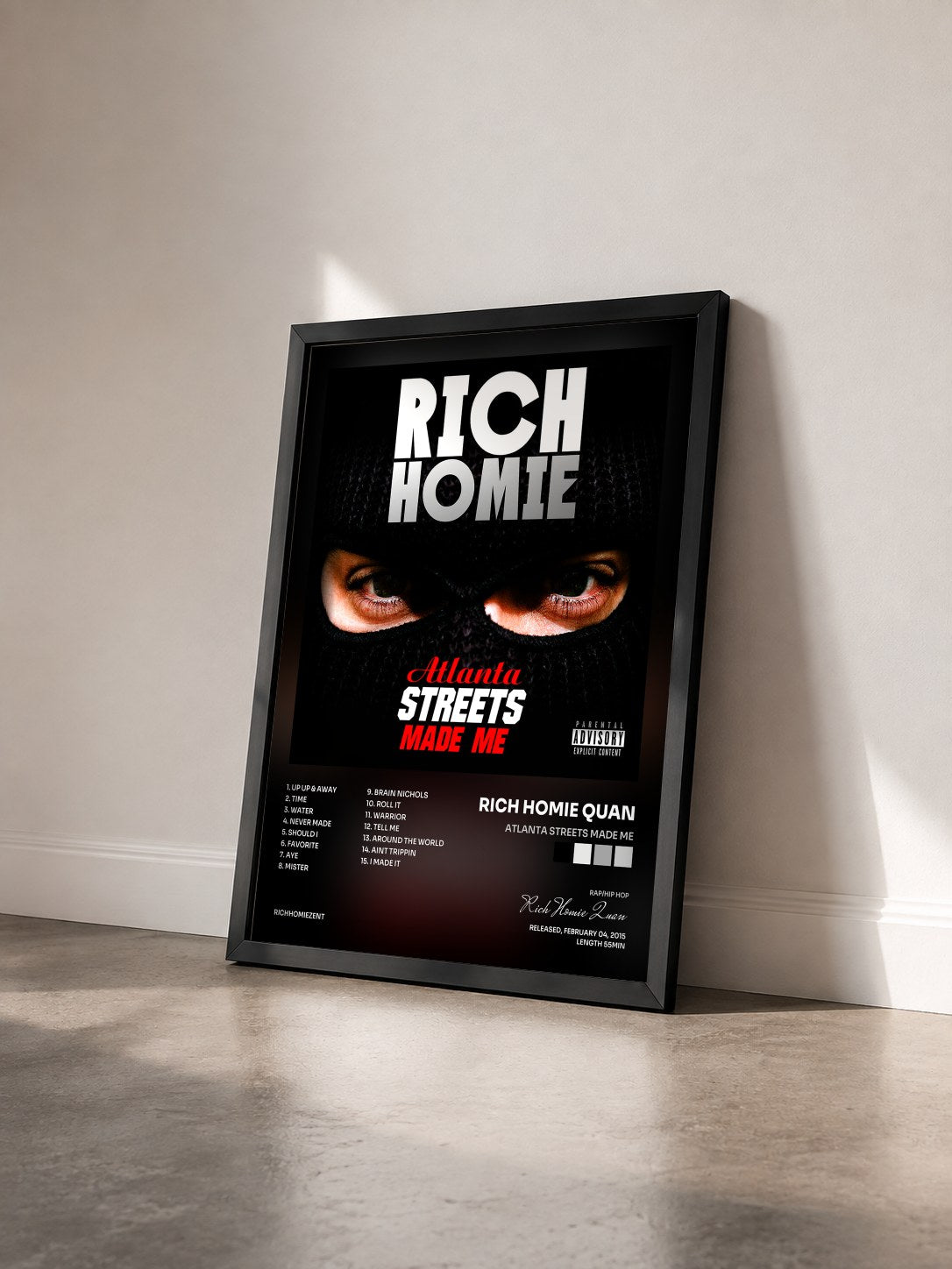 #noir Tableau de l'album Atlanta Streets Made Me de Rich Homie Quan vu de trois quarts, cadre noir