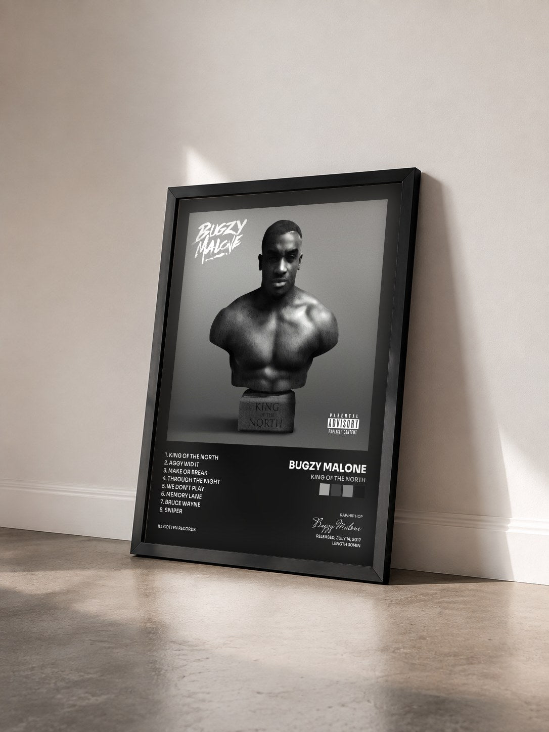 #noir Tableau de l'album King Of The North de Bugzy Malone vu de trois quarts, cadre noir