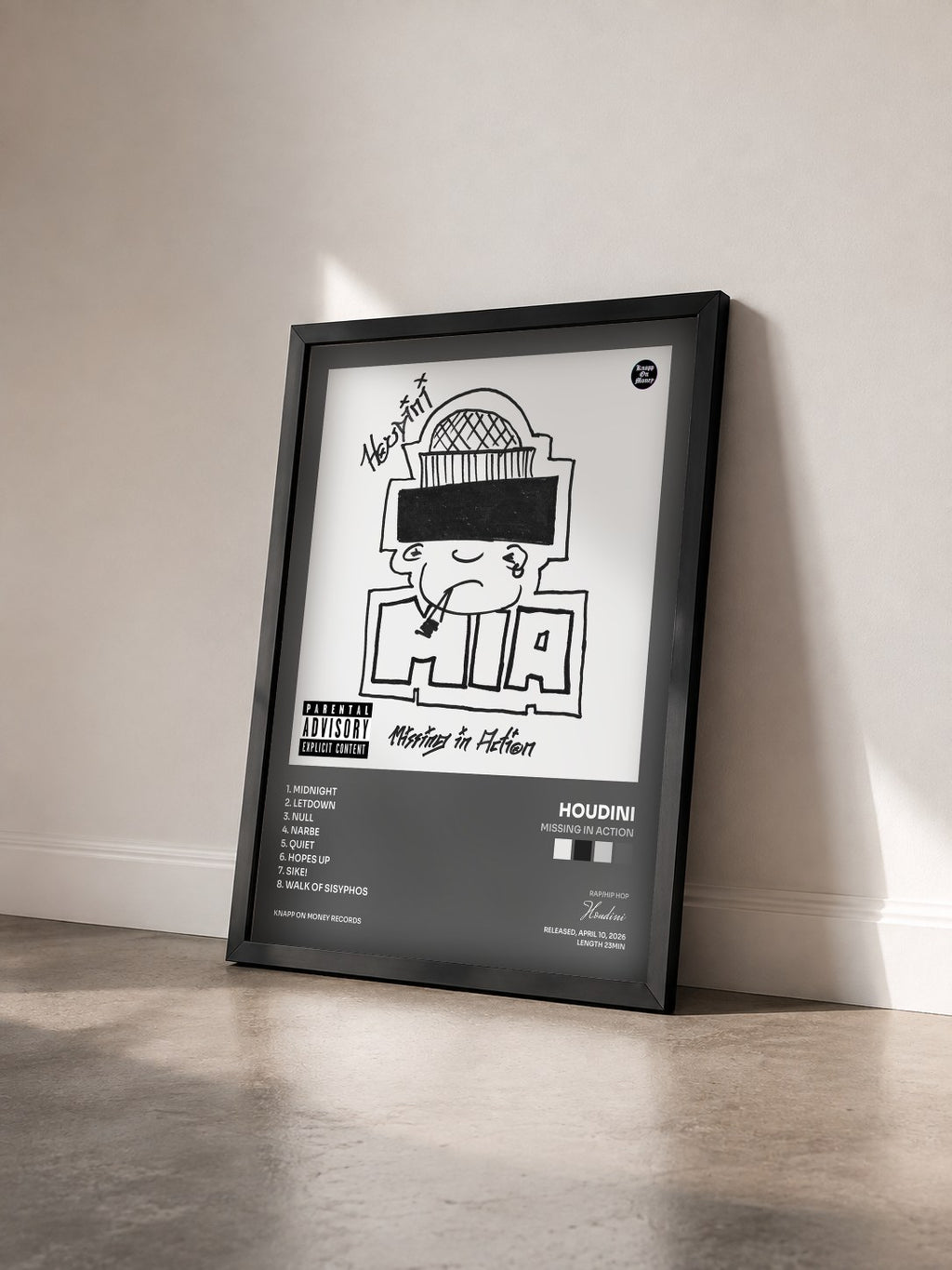 #noir Tableau de l'album Missing in Action de Houdini vu de trois quarts, cadre noir
