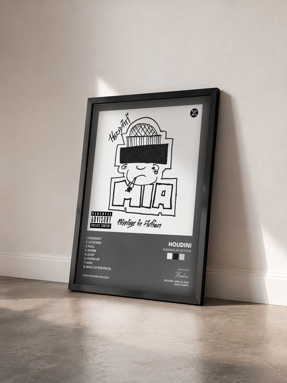 #noir Tableau de l'album Missing in Action de Houdini vu de trois quarts, cadre noir