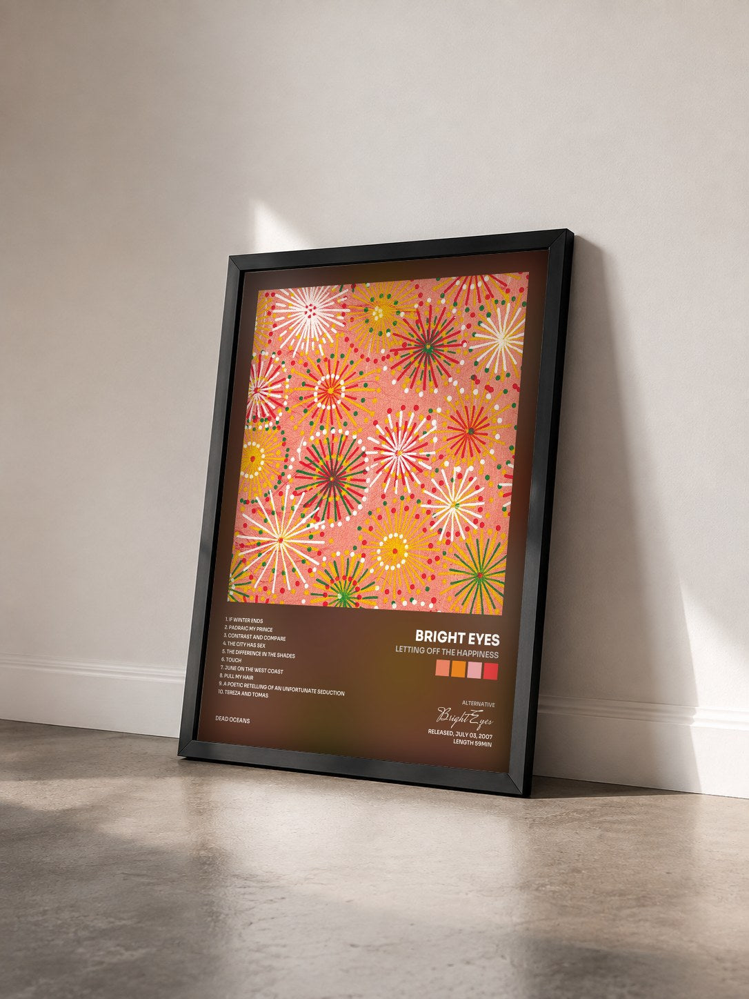#noir Tableau de l'album Letting Off The Happiness de Bright Eyes vu de trois quarts, cadre noir