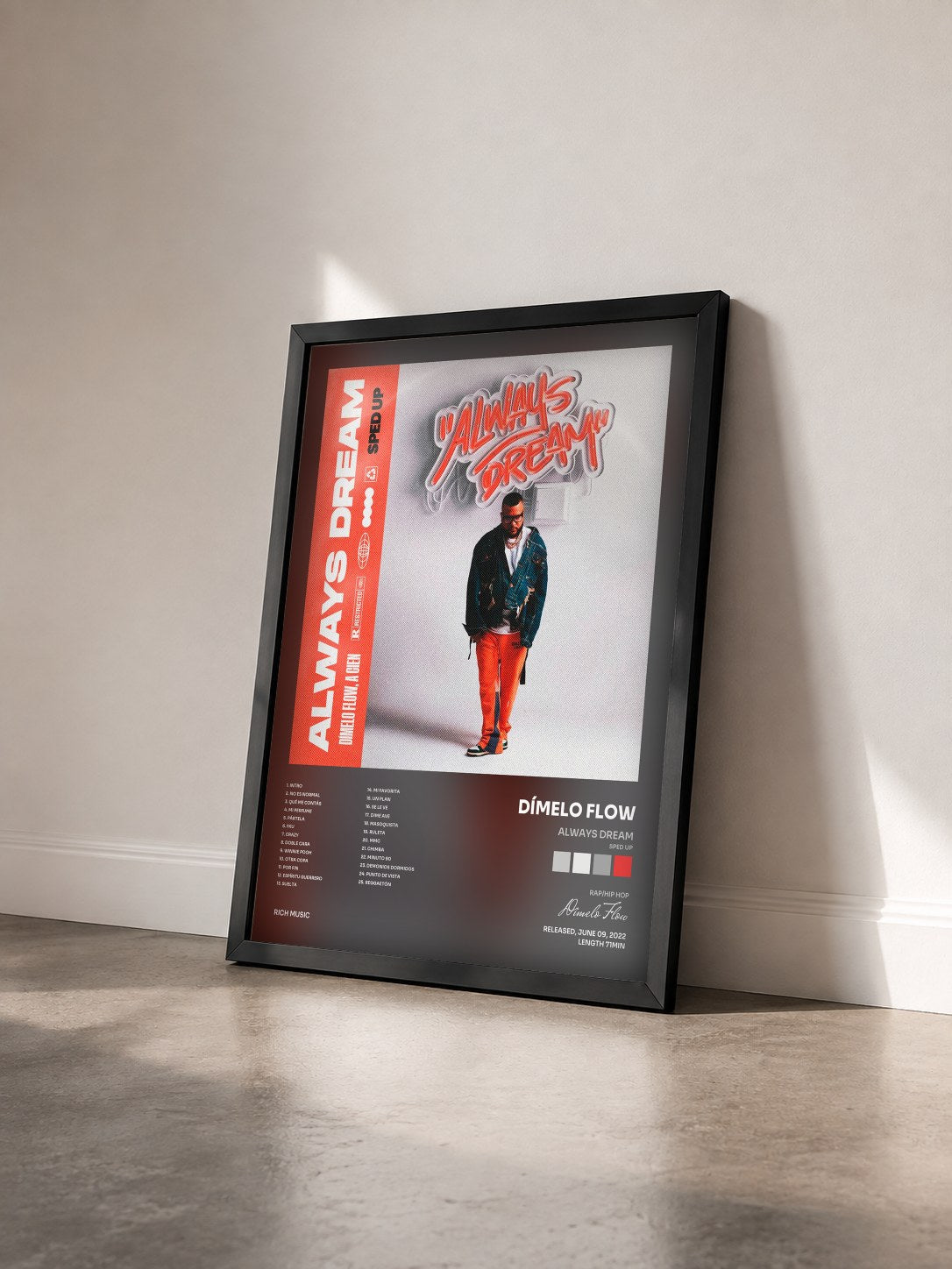 #noir Tableau de l'album Always Dream (Sped Up) de Dímelo Flow vu de trois quarts, cadre noir