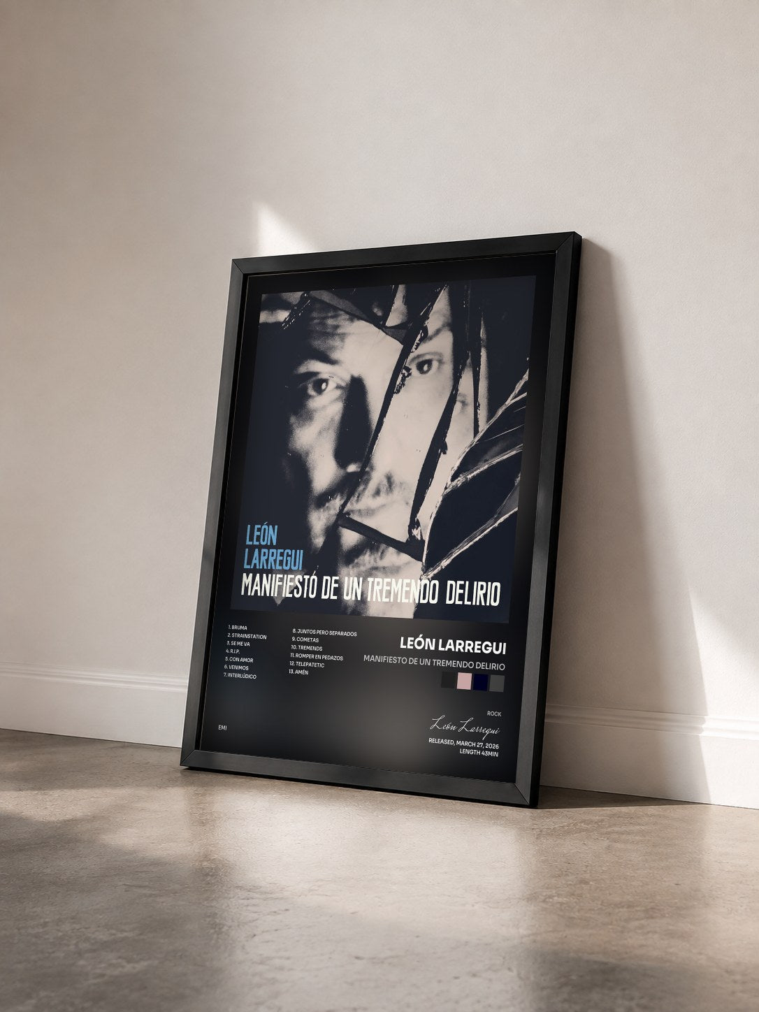 #noir Tableau de l'album Manifiesto de un Tremendo Delirio de León Larregui vu de trois quarts, cadre noir