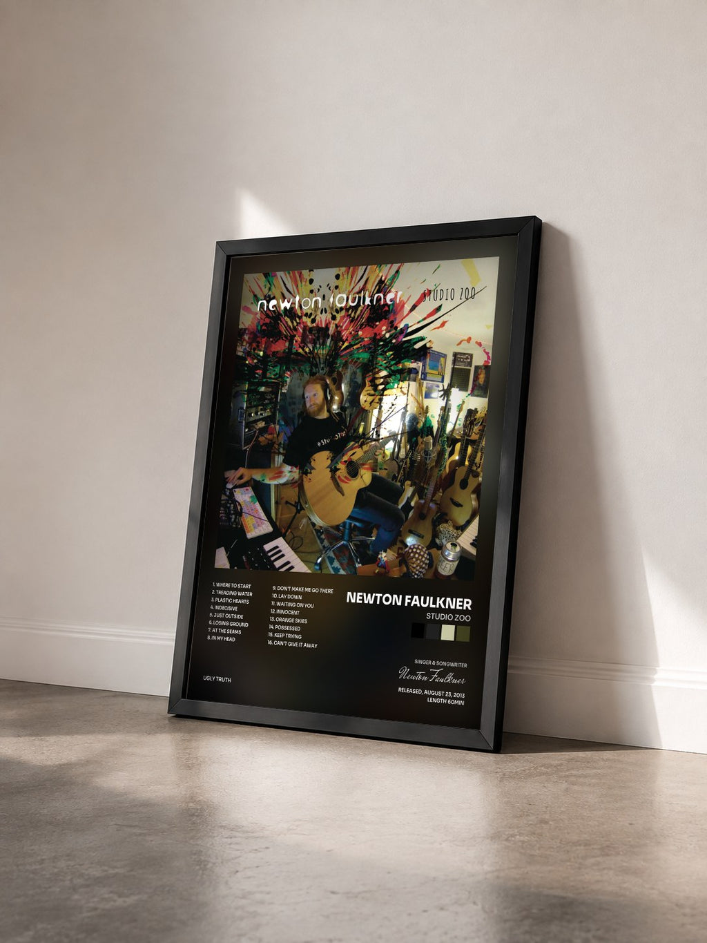 #noir Tableau de l'album Studio Zoo de Newton Faulkner vu de trois quarts, cadre noir