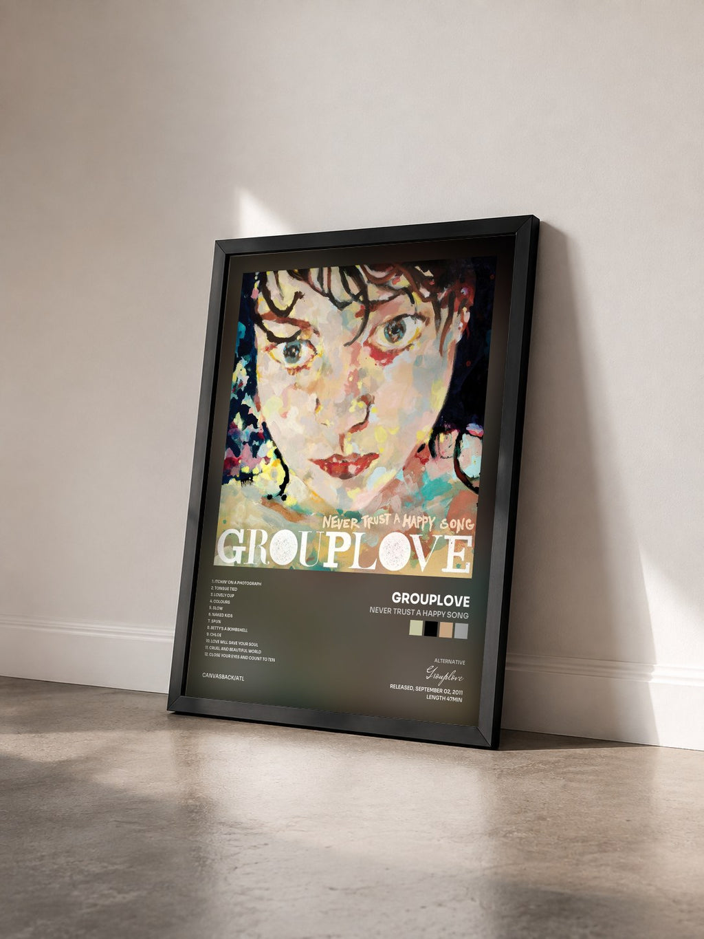 #noir Tableau de l'album Never Trust a Happy Song de Grouplove vu de trois quarts, cadre noir