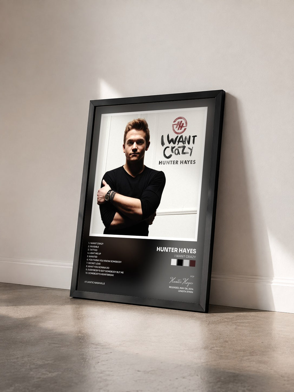 #noir Tableau de l'album I Want Crazy de Hunter Hayes vu de trois quarts, cadre noir
