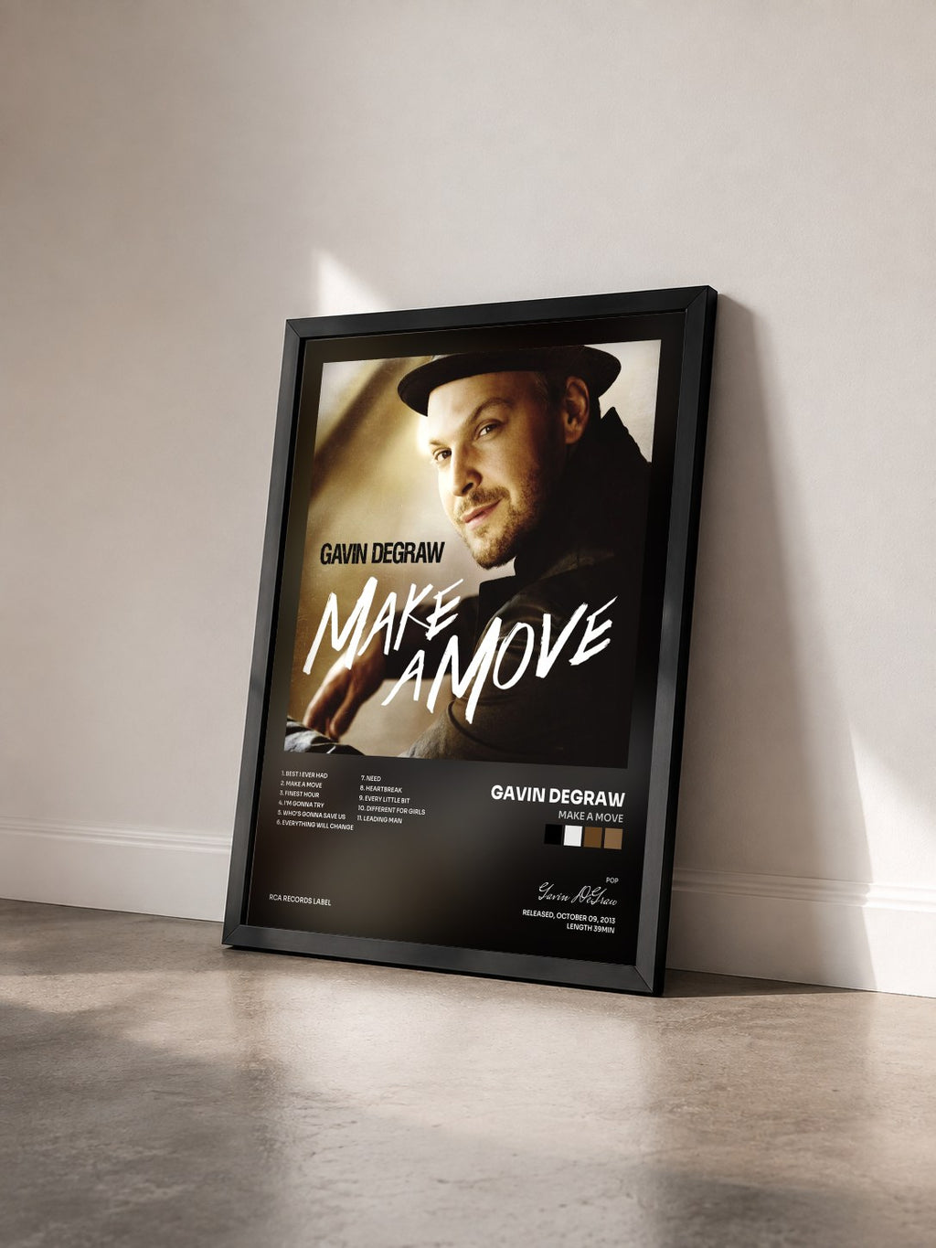 #noir Tableau de l'album Make A Move de Gavin DeGraw vu de trois quarts, cadre noir
