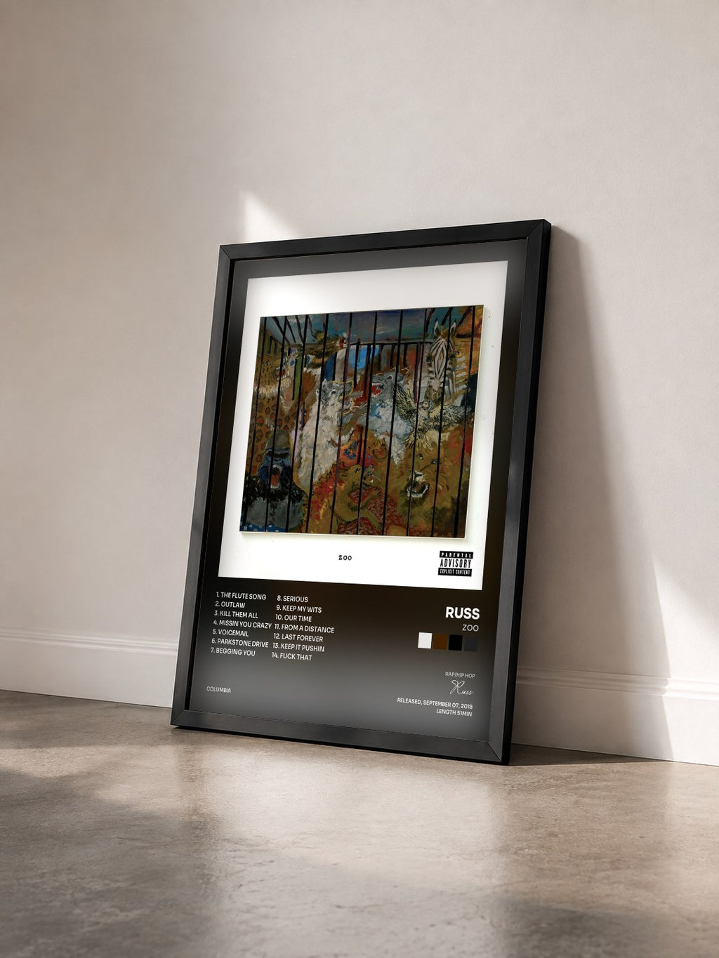 #noir Tableau de l'album ZOO de Russ vu de trois quarts, cadre noir