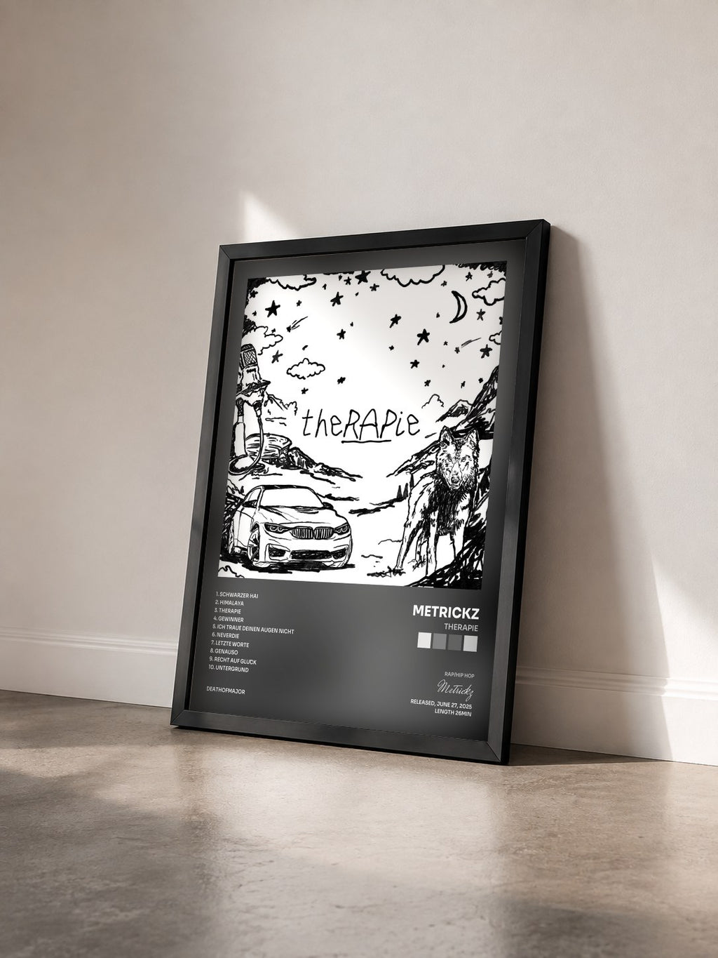 #noir Tableau de l'album theRAPie de Metrickz vu de trois quarts, cadre noir
