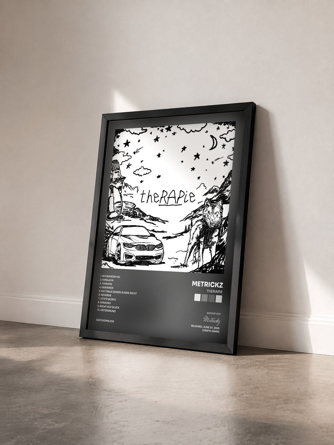 #noir Tableau de l'album theRAPie de Metrickz vu de trois quarts, cadre noir