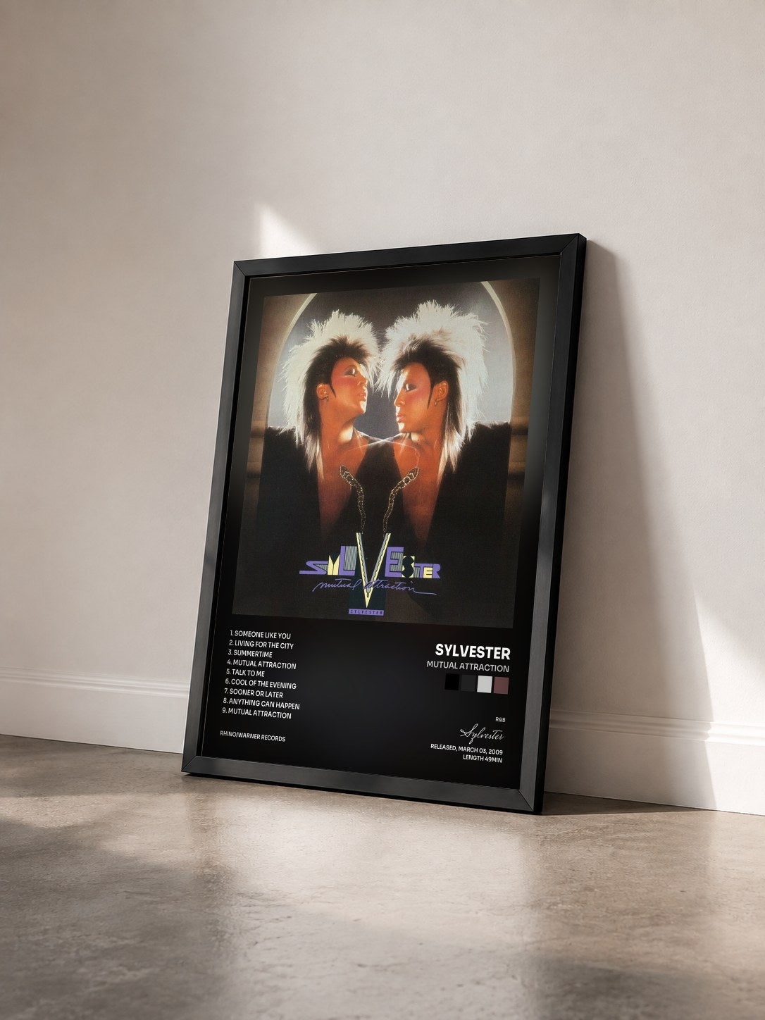 #noir Tableau de l'album Mutual Attraction de Sylvester vu de trois quarts, cadre noir