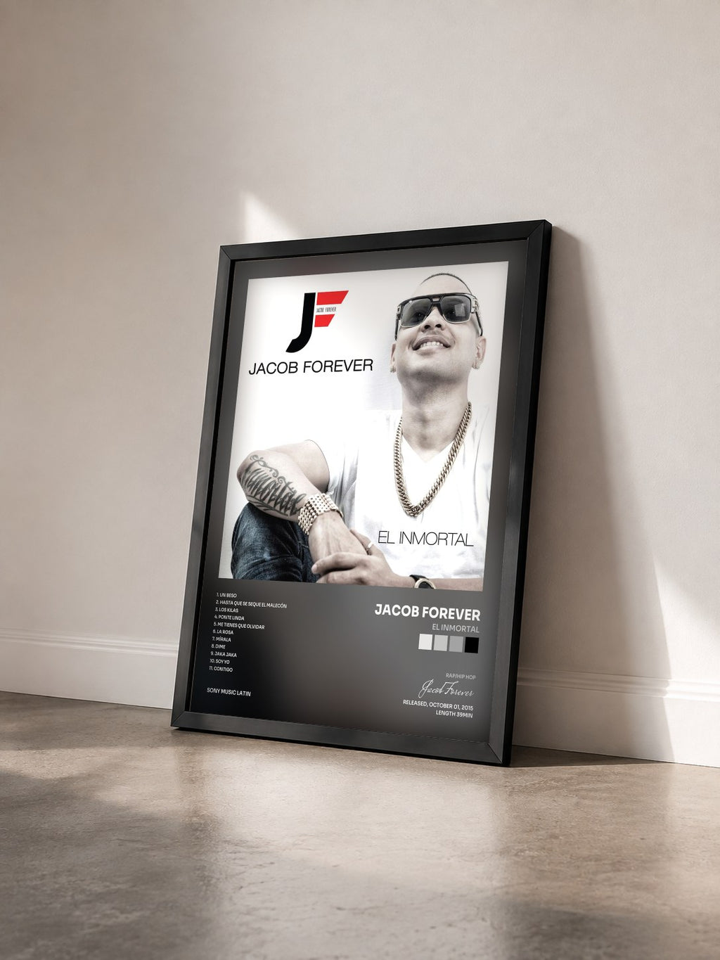 #noir Tableau de l'album El Inmortal de Jacob Forever vu de trois quarts, cadre noir