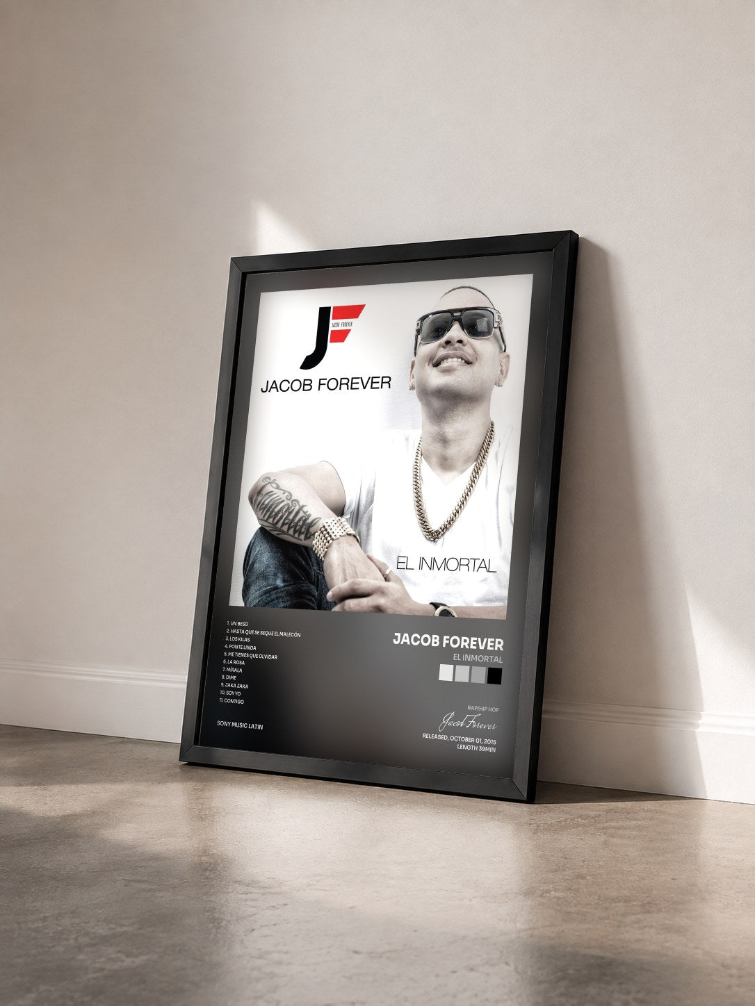 #noir Tableau de l'album El Inmortal de Jacob Forever vu de trois quarts, cadre noir