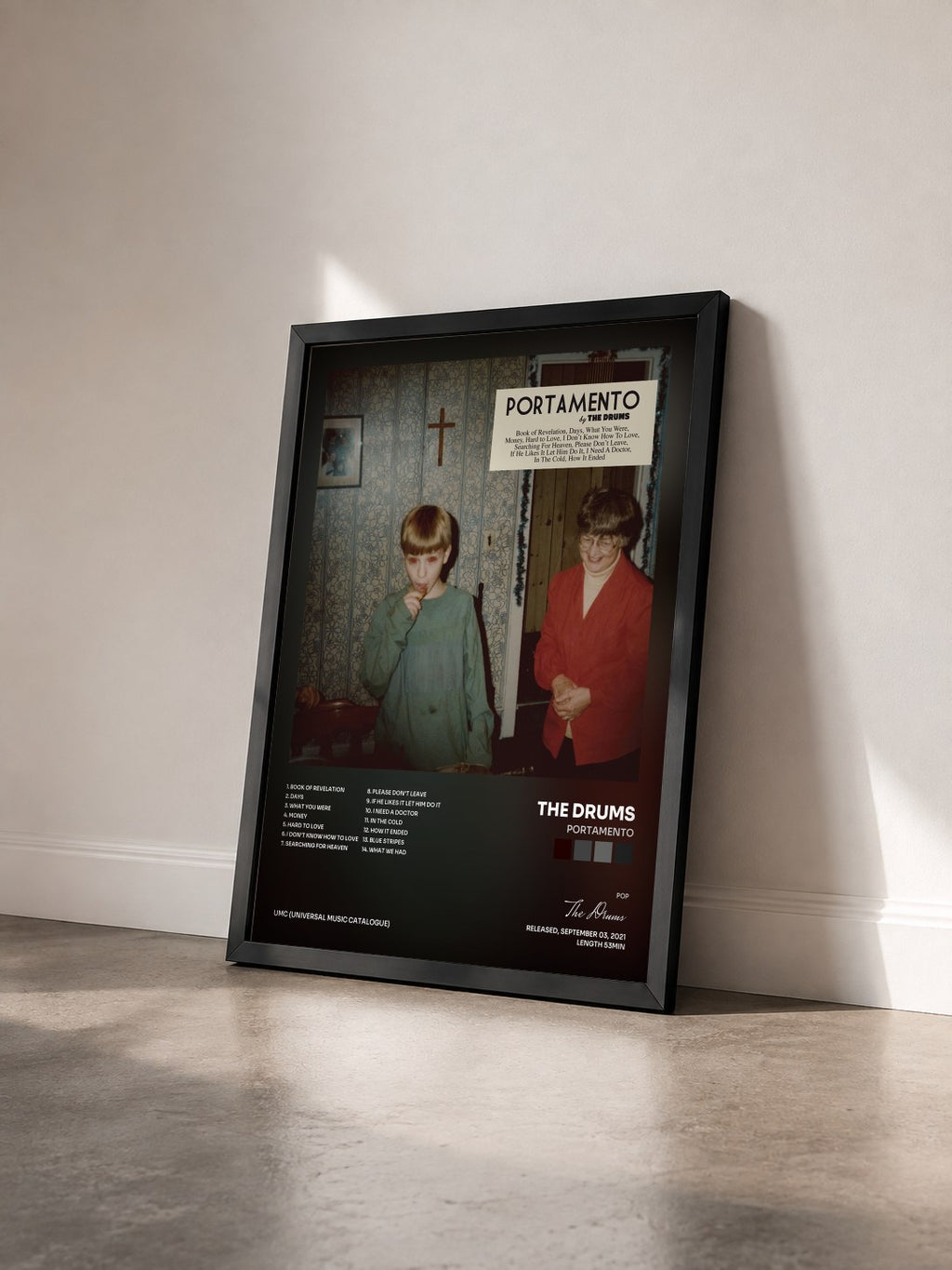 #noir Tableau de l'album Portamento de The Drums vu de trois quarts, cadre noir