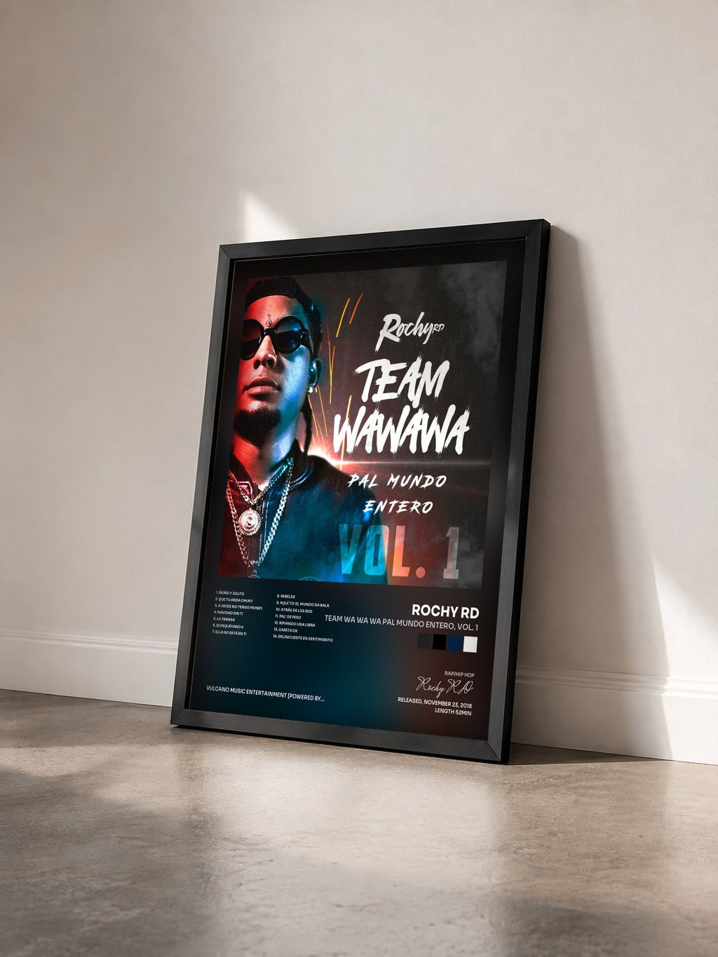 #noir Tableau de l'album Team Wa Wa Wa Pal Mundo Entero, Vol. 1 de Rochy RD vu de trois quarts, cadre noir