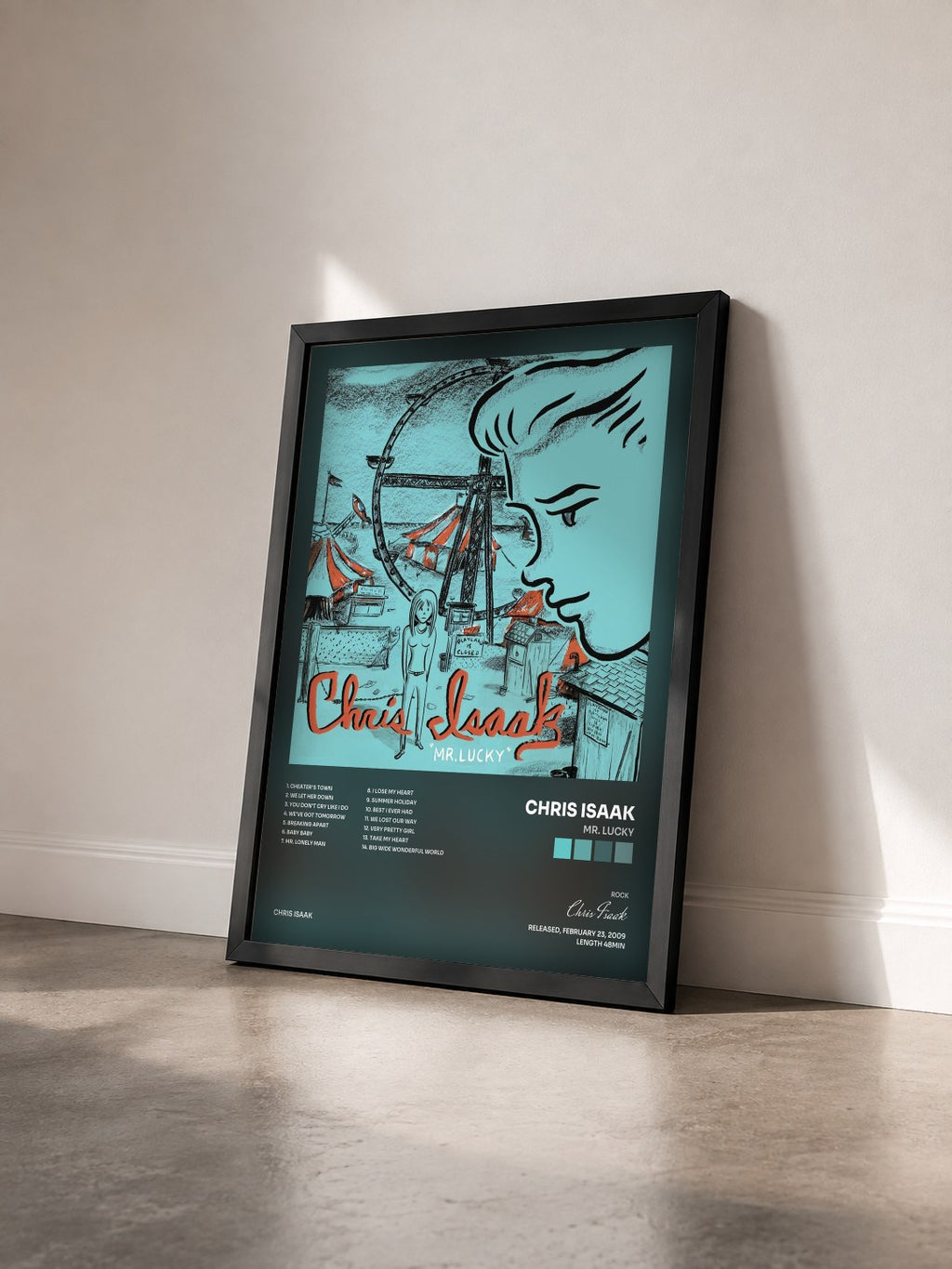 #noir Tableau de l'album Mr. Lucky de Chris Isaak vu de trois quarts, cadre noir
